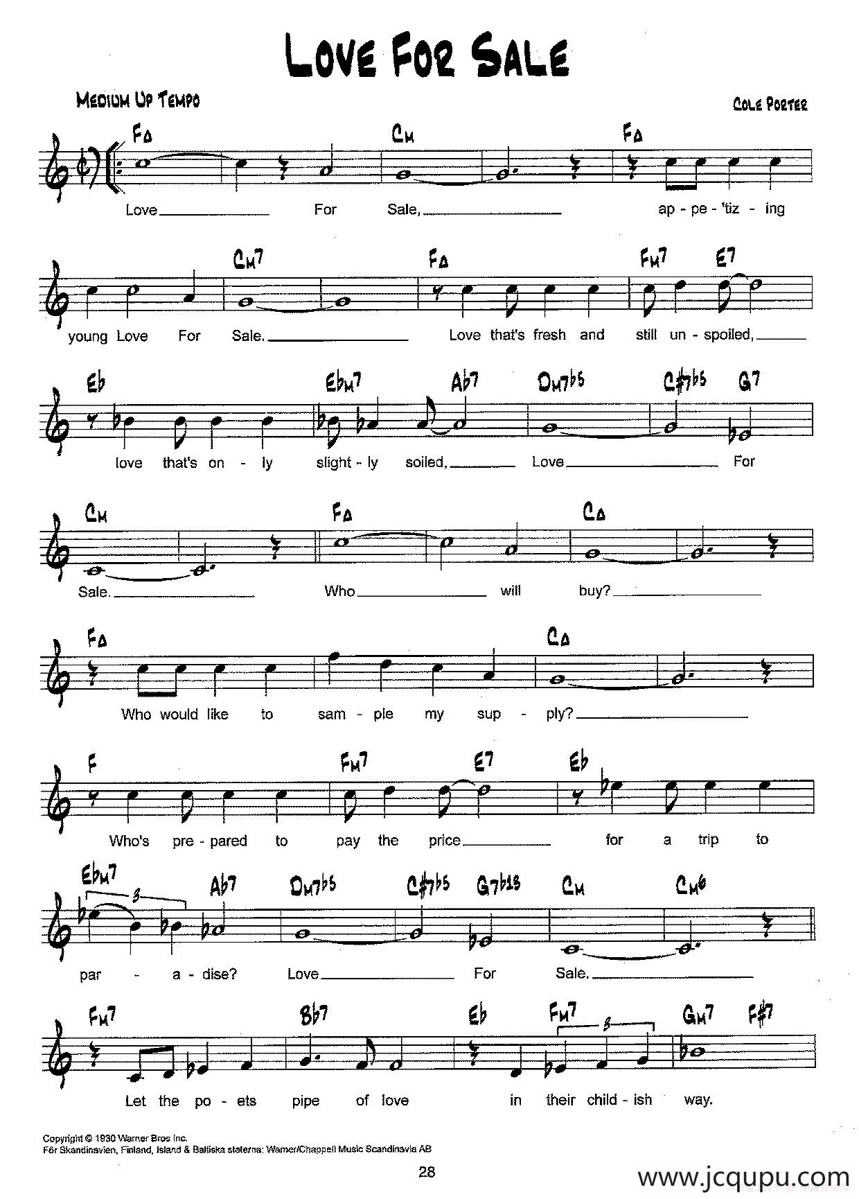 降B爵士乐谱：LOVE FOR SALE简谱