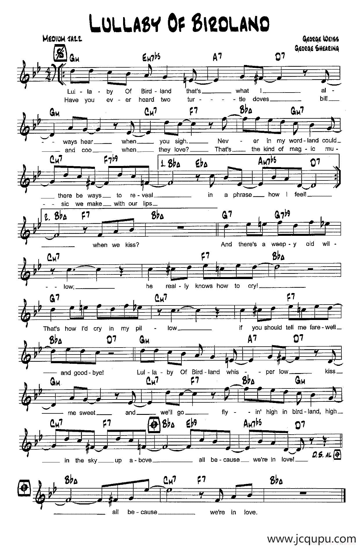 降B爵士乐谱：LULLABY OF BIROLAND简谱