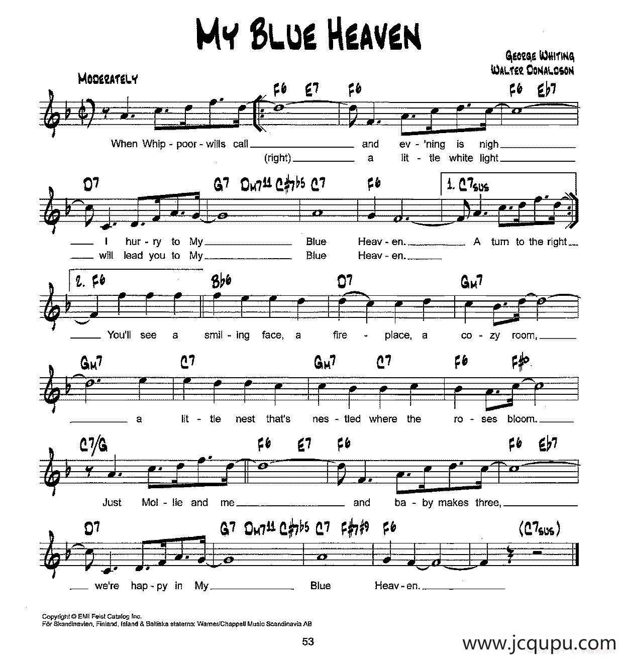 降B爵士乐谱：MY BLUE HEAVEN简谱