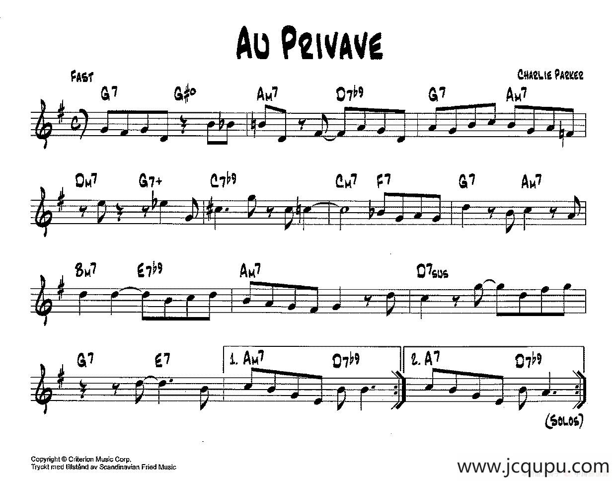 降B爵士乐谱：AU PRIVAVE简谱