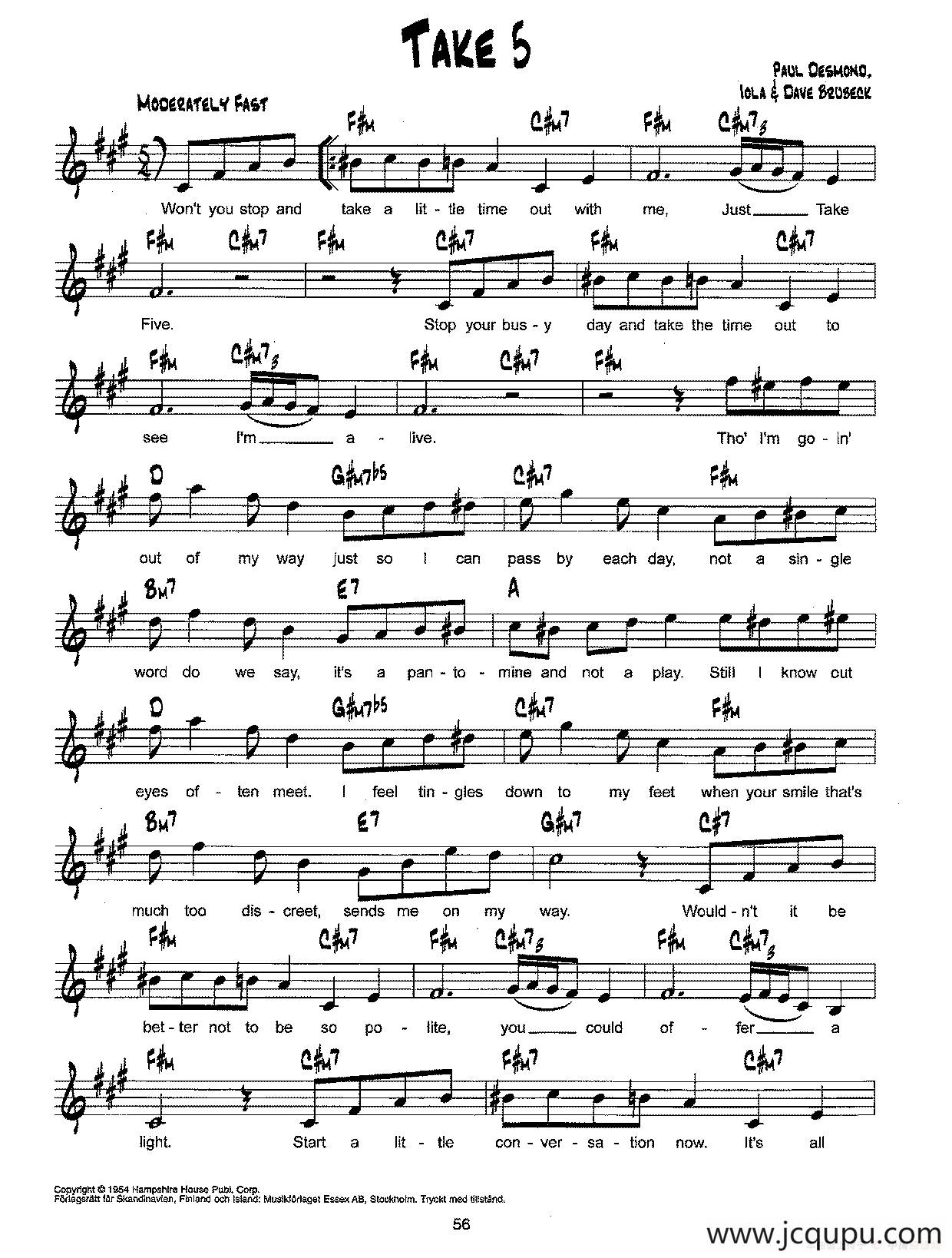 降B爵士乐谱：TAKE 5简谱