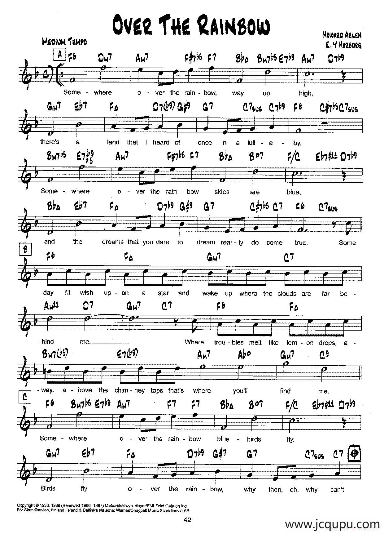 降B爵士乐谱：OVER THE RAINBOW简谱