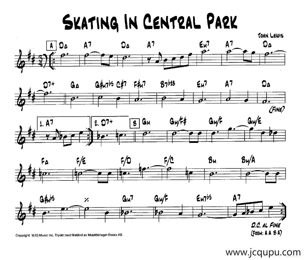 降B爵士乐谱：SKATING IN CENTRAL PARK简谱
