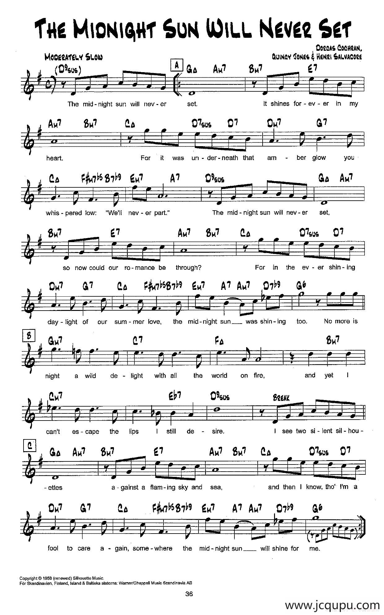 降B爵士乐谱：THE MIONIGHT SUN WILL NEVER SET简谱