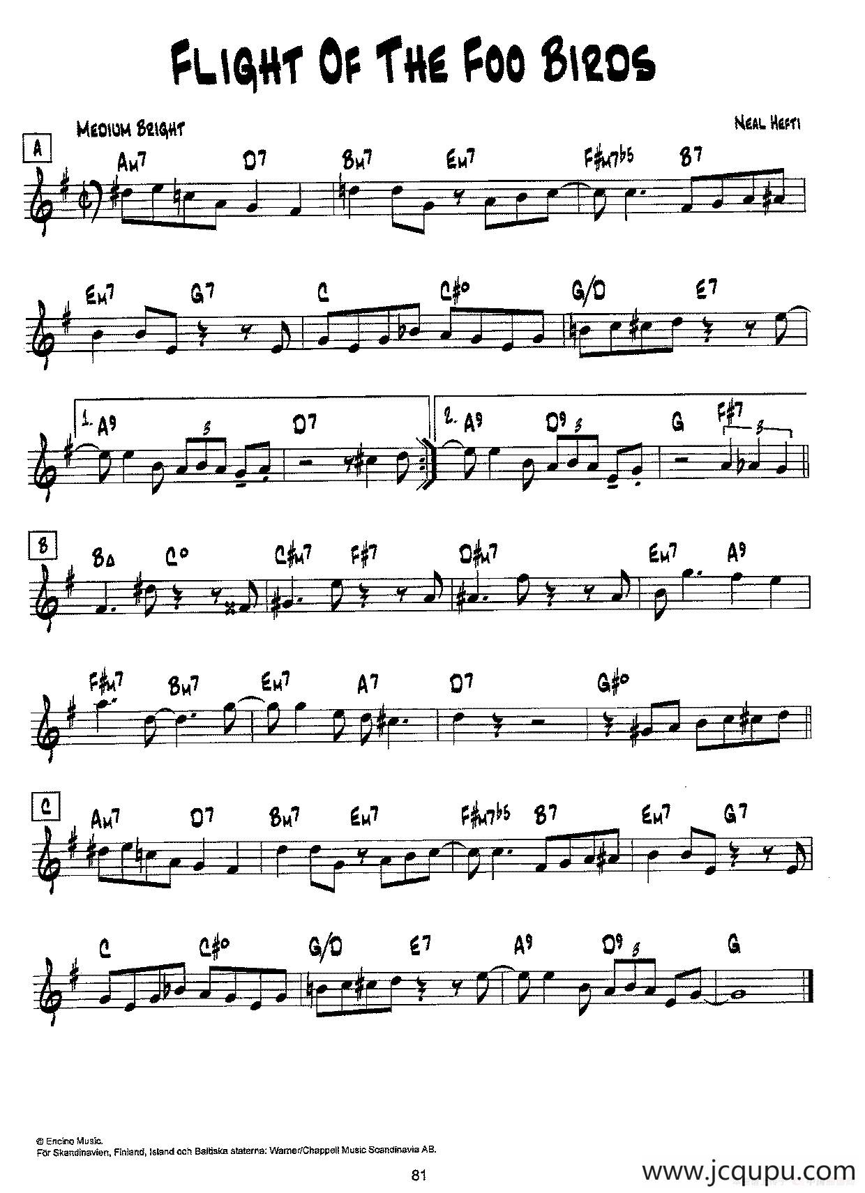 降B爵士乐谱：FLIGHT OF THE FOO BIRDS简谱