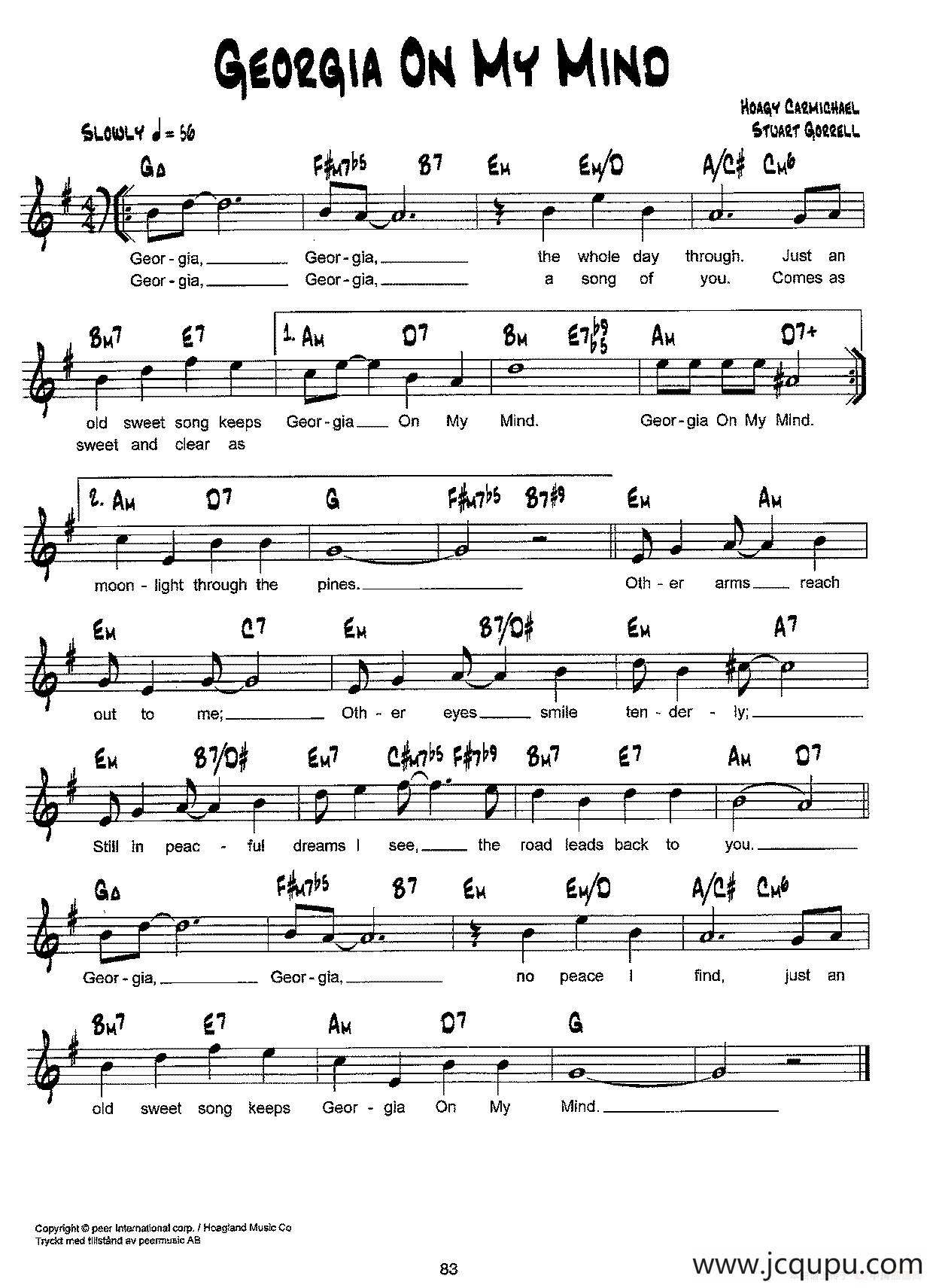 降B爵士乐谱：GEORGIA ON MY MIND简谱