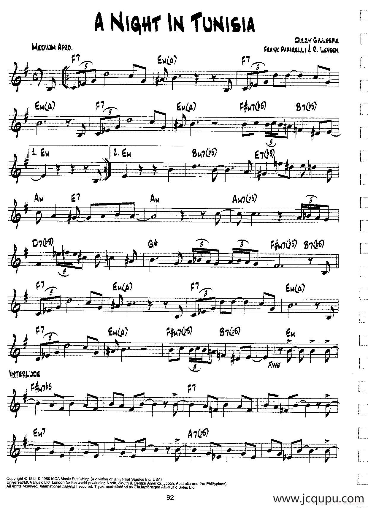 降B爵士乐谱：A NIGHT IN TUNISIA简谱
