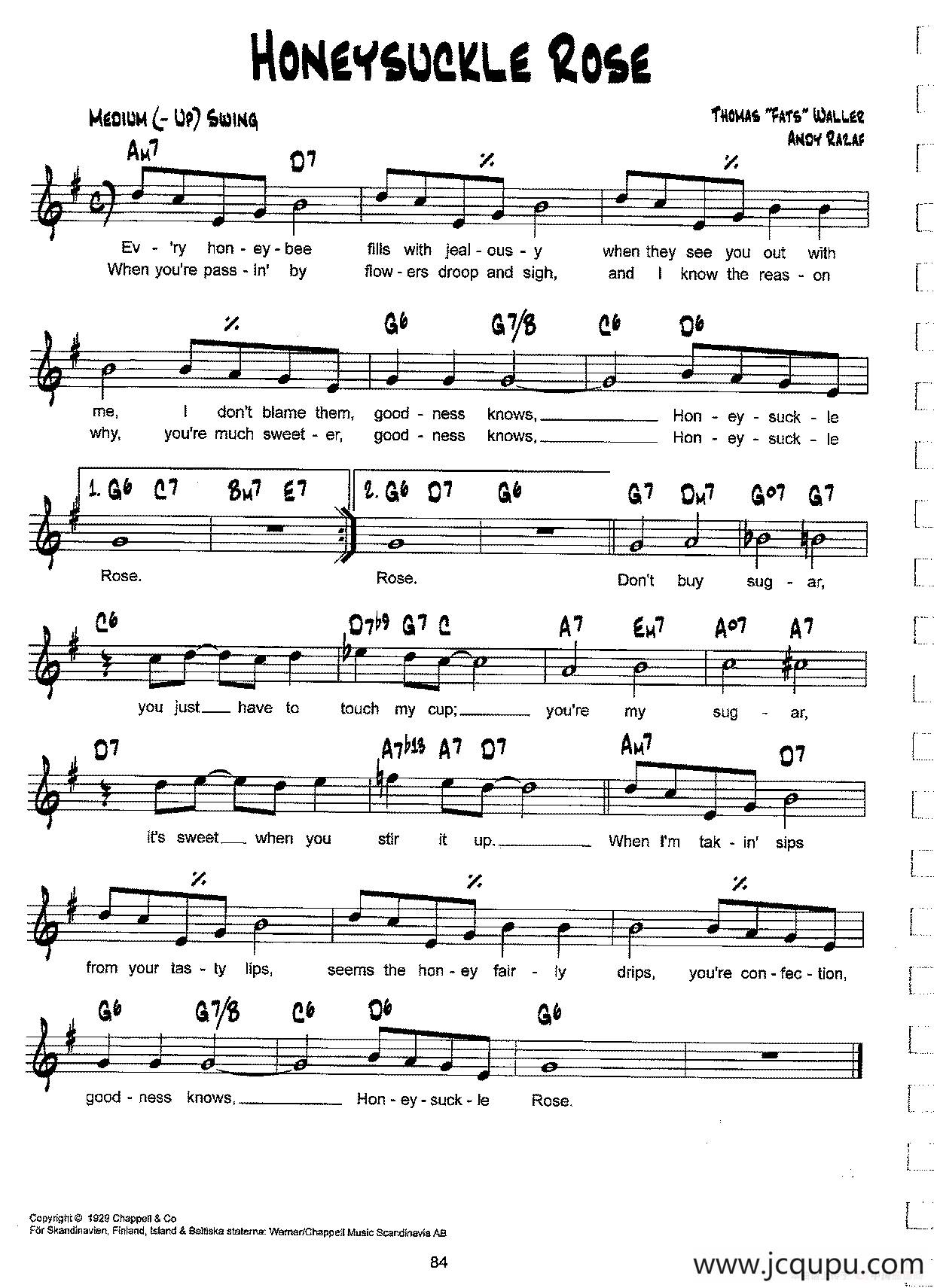 降B爵士乐谱：HONEYSUCKLE ROSE简谱