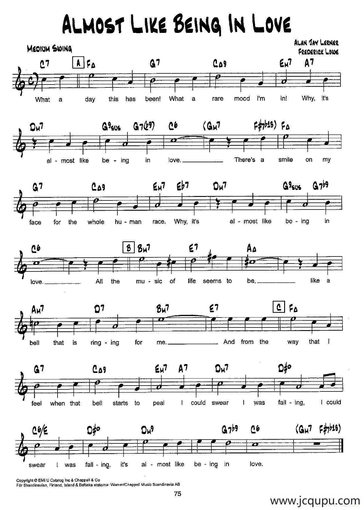 降B爵士乐谱：ALMOST LIKE BEING IN LOVE简谱