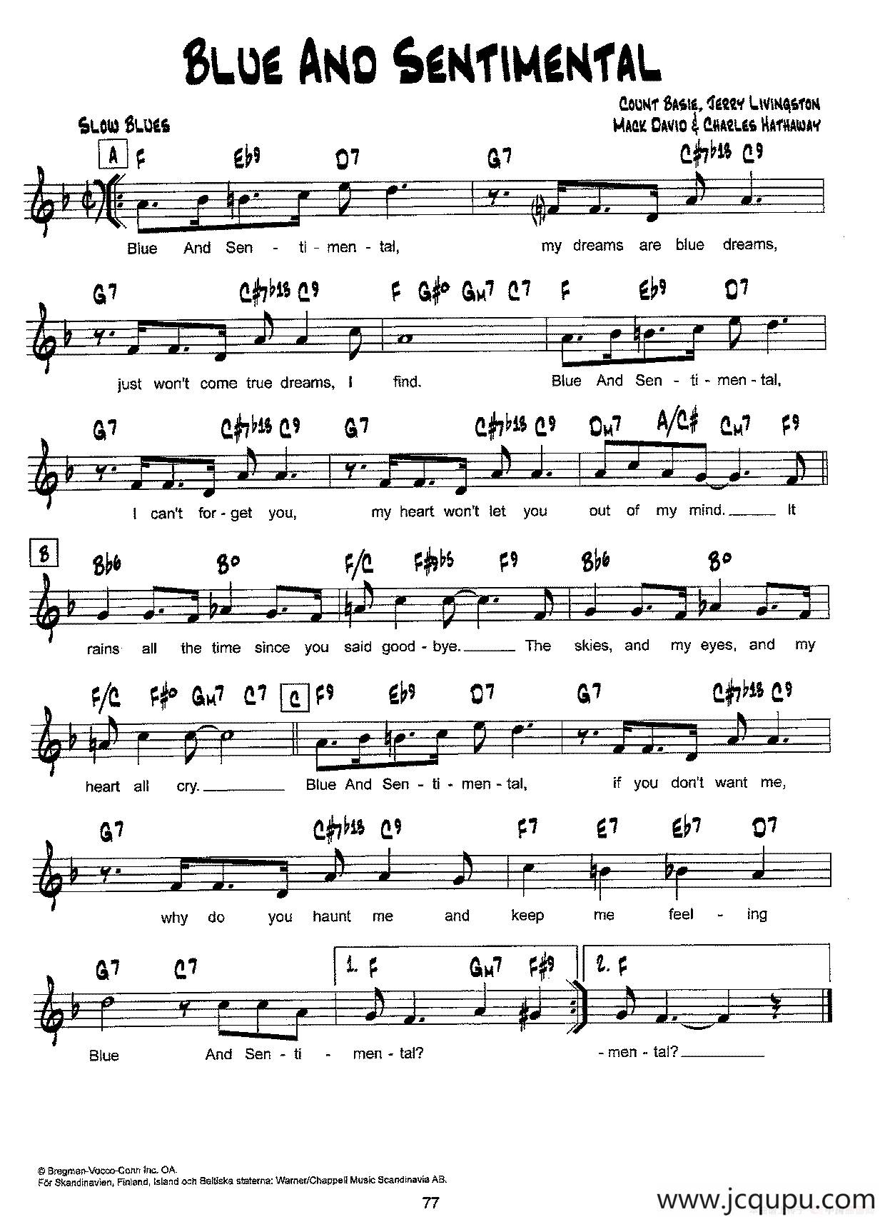 降B爵士乐谱：BLUE AND SENTIMENTAL简谱