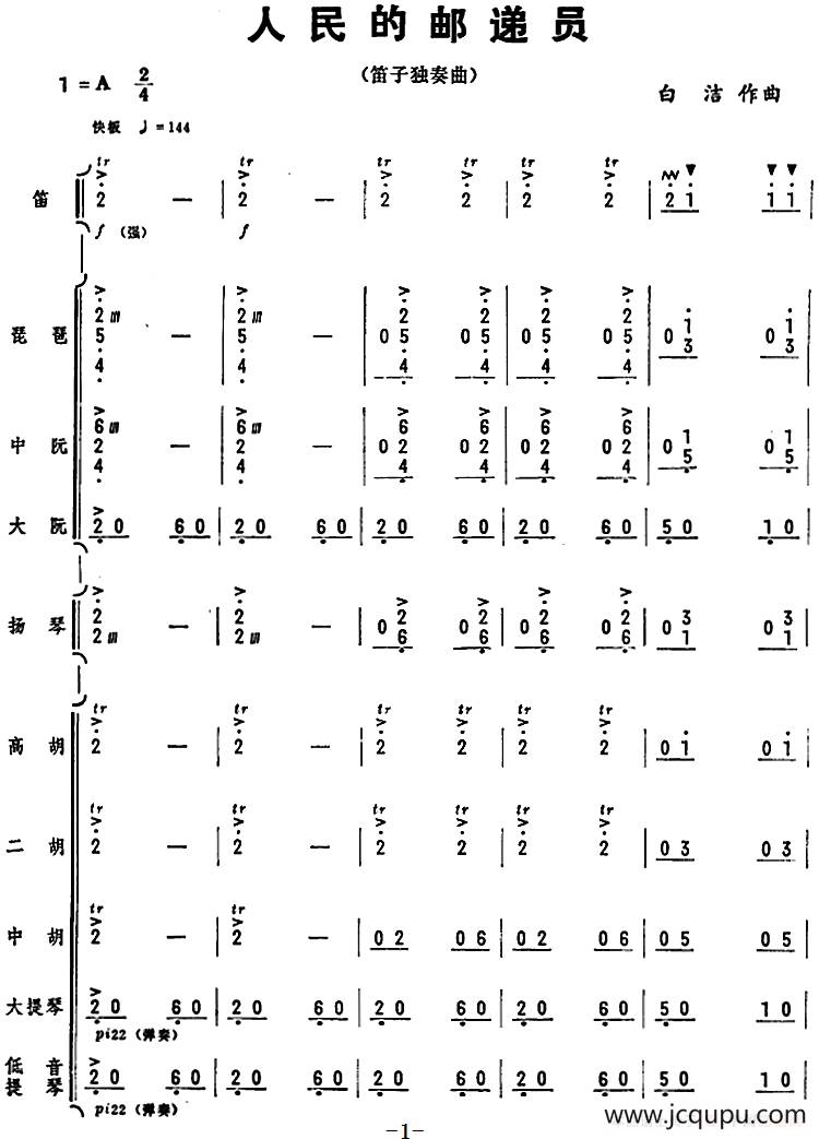 人民的邮递员（笛子独奏+乐队伴奏曲总谱）简谱