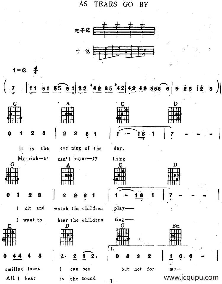 AS TEARS GO BY（电子琴吉他弹唱）简谱
