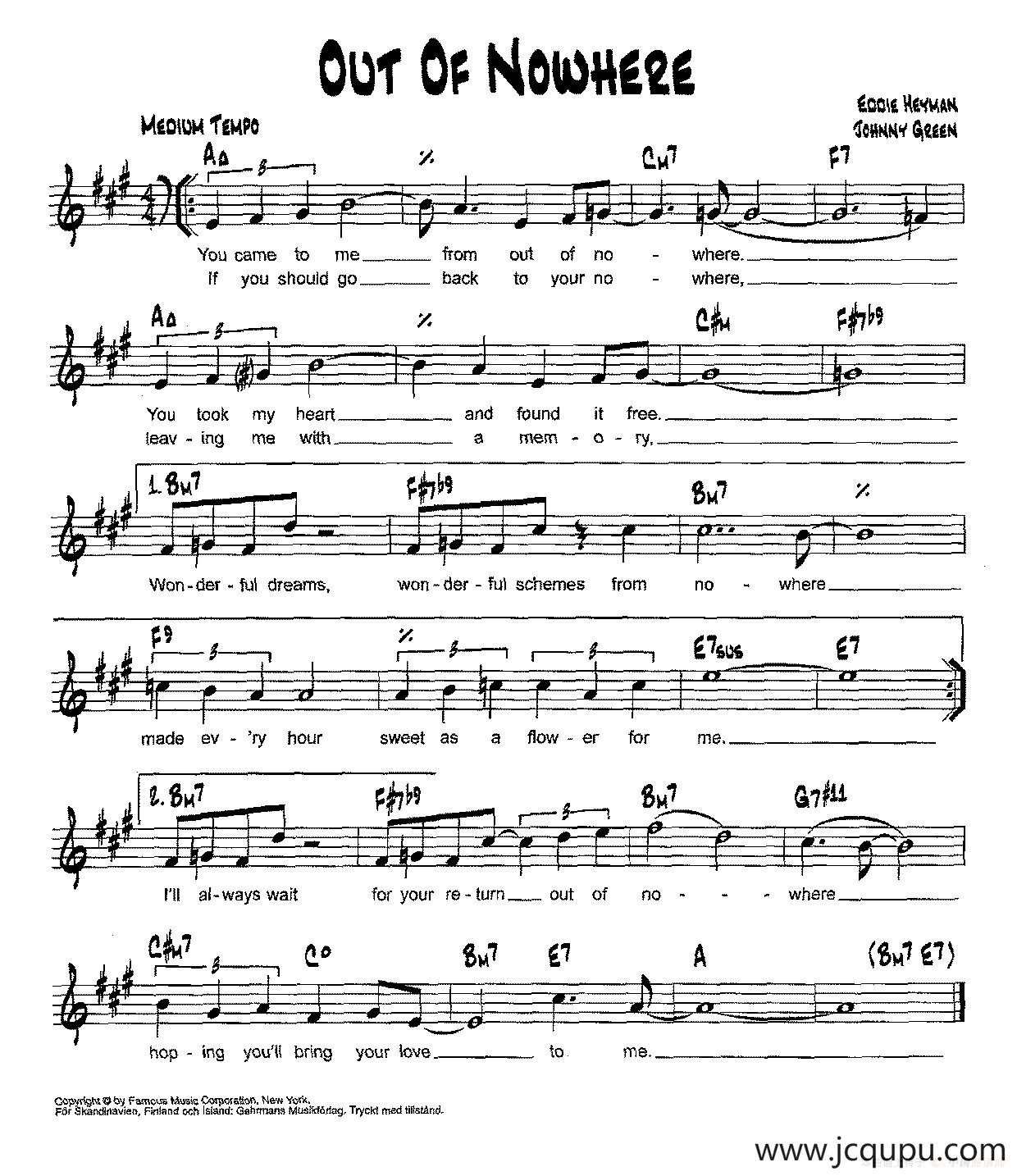 降B爵士乐谱：OUT OF NOWHERE简谱