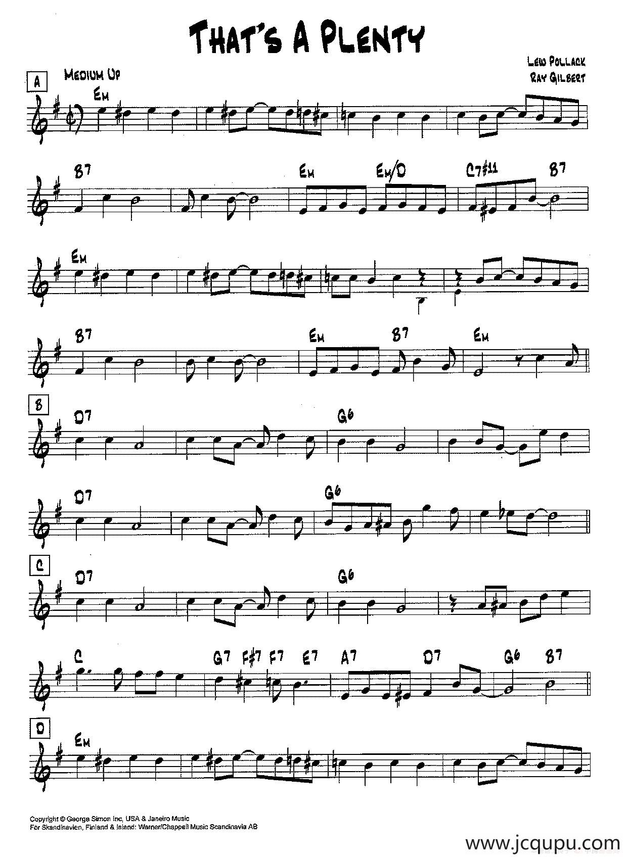 降B爵士乐谱：THAT'S A PLENTY简谱