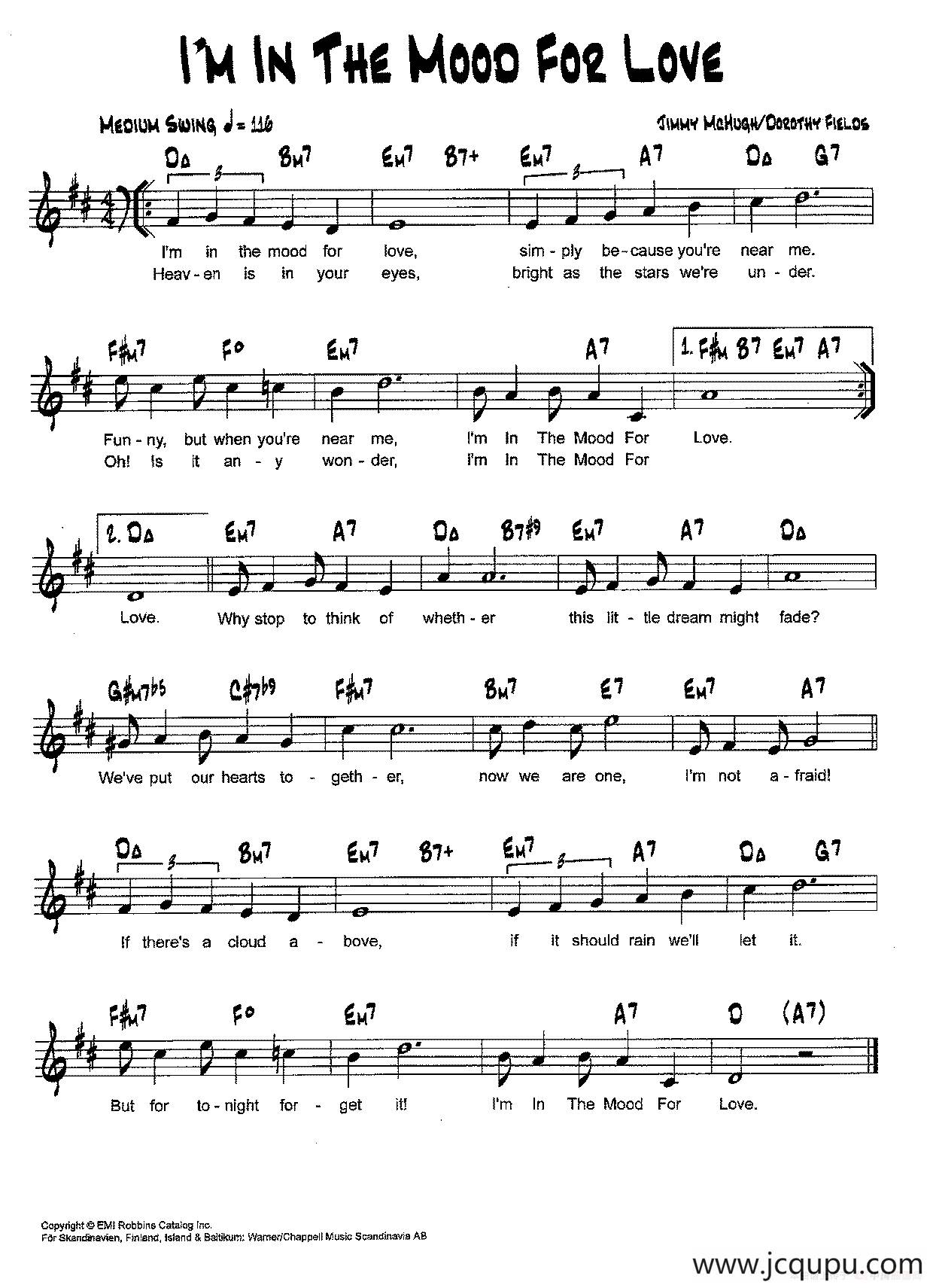 降B爵士乐谱：I'M IN THE MOOD FOR LOVE简谱