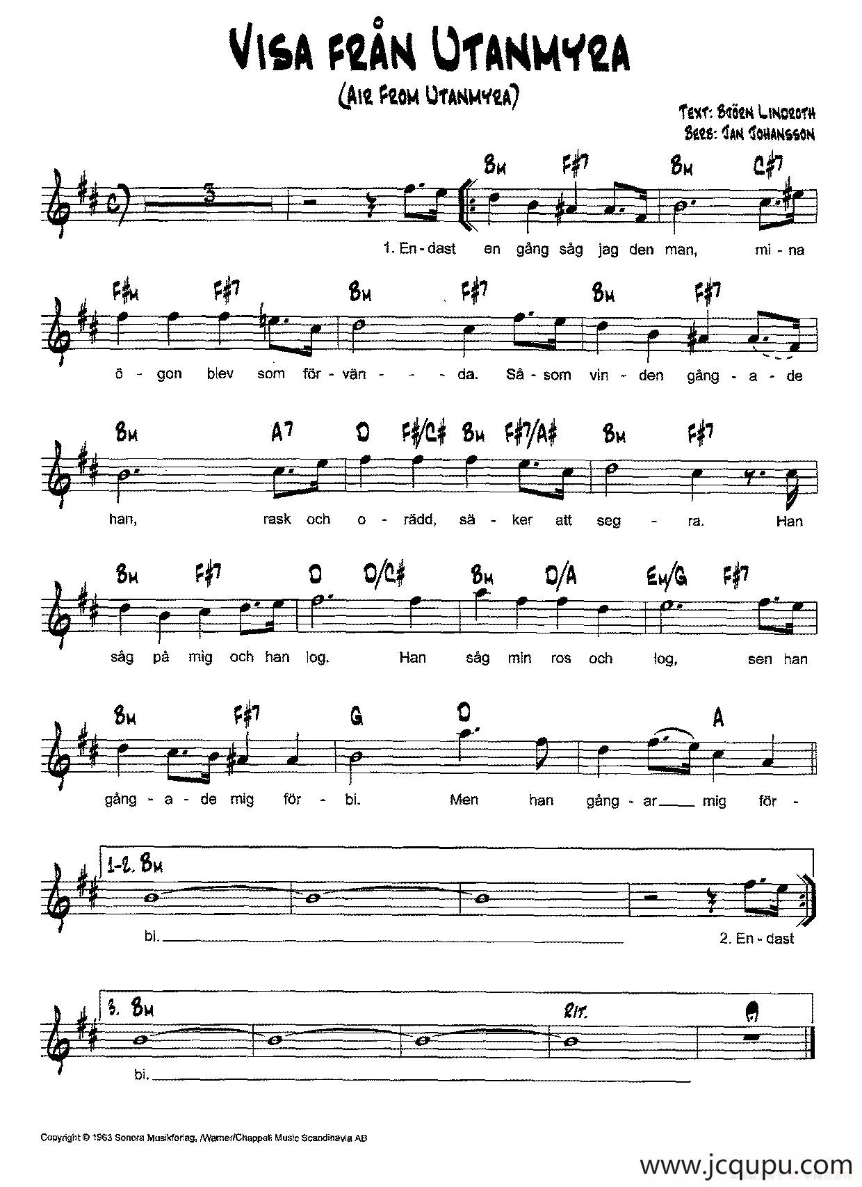 降B爵士乐谱：VISA FRAN UTANMYRA简谱