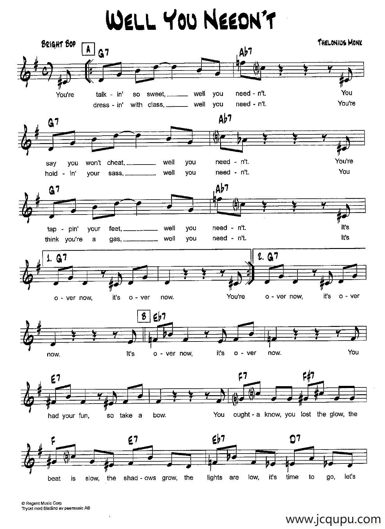 降B爵士乐谱：WELL YOU NEEON'T简谱