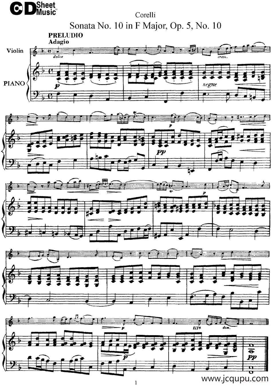 Sonata No.10 in F Major Op.5 No.10（小提琴+钢琴伴奏）简谱