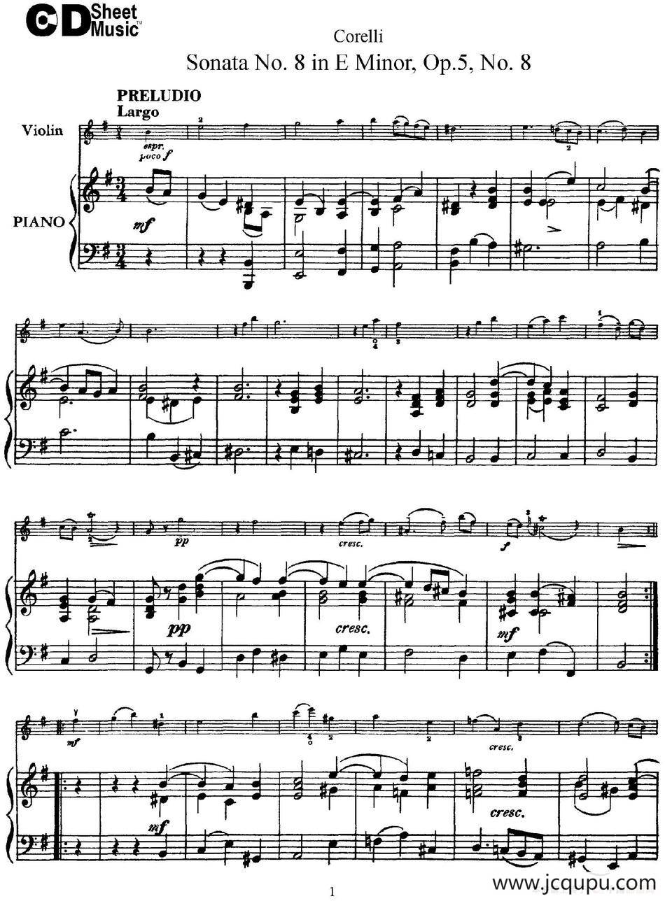 Sonata No.8 in E Minor Op.5 No.8（小提琴+钢琴伴奏）简谱