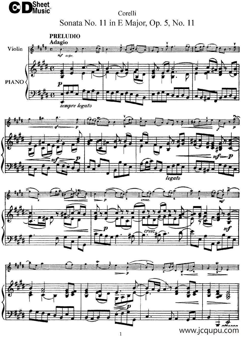 Sonata No.11 in E Major Op.5 No.11（小提琴+钢琴伴奏）简谱