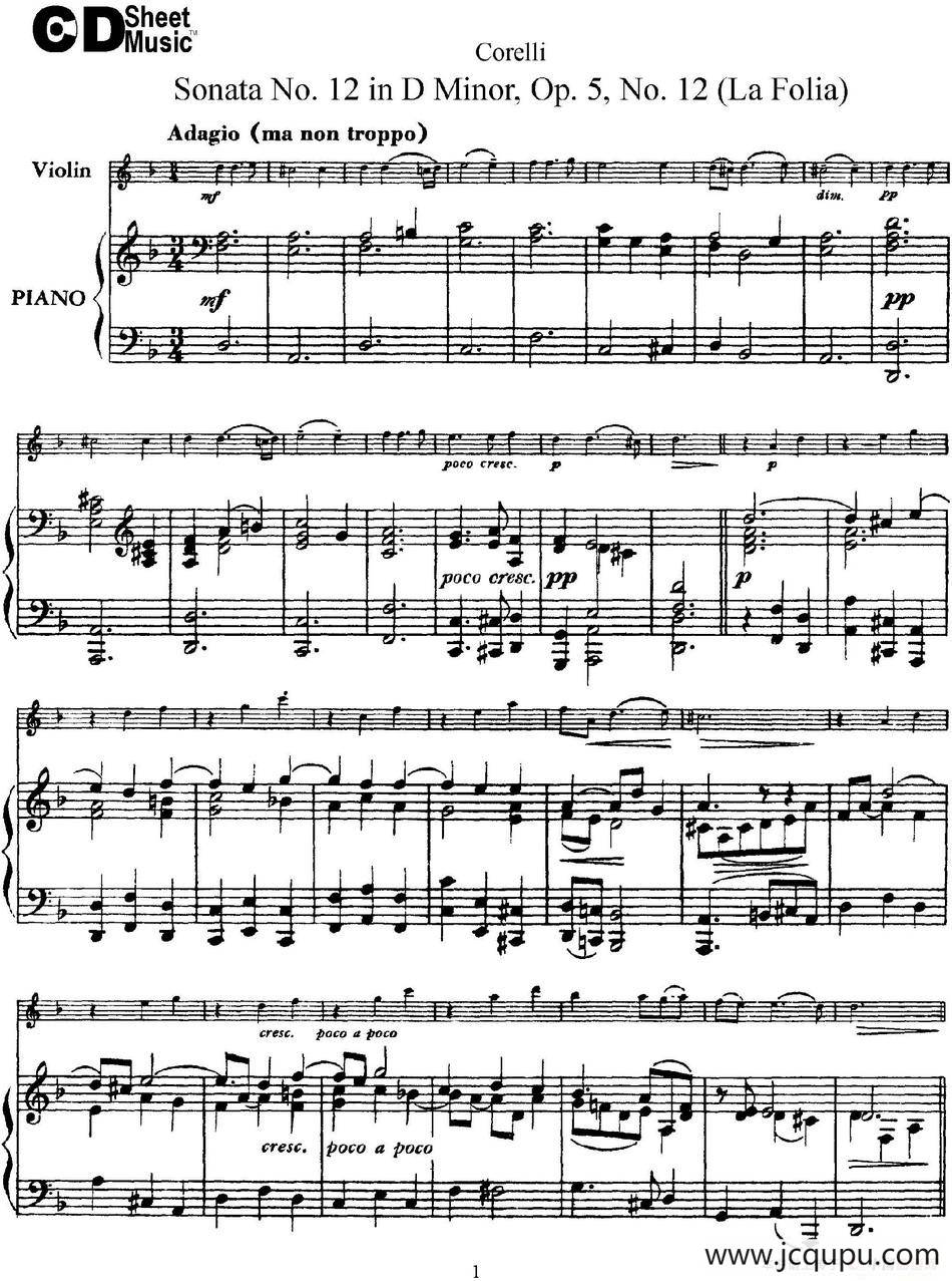 Sonata No.12 in D Minor Op.5 No.12（小提琴+钢琴伴奏）简谱