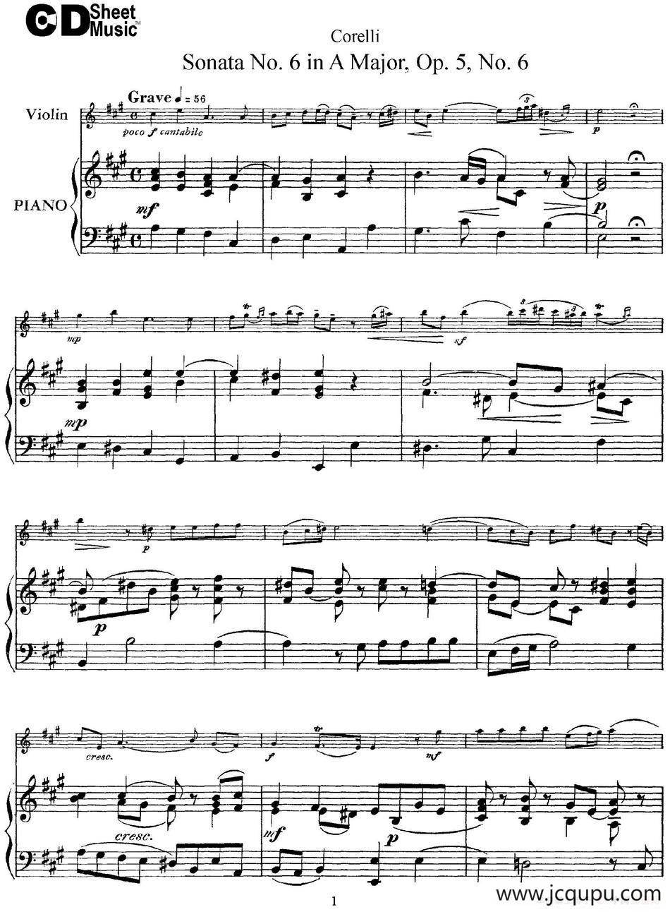 Sonata No.6 in A Major Op.5 No.6（小提琴+钢琴伴奏）简谱