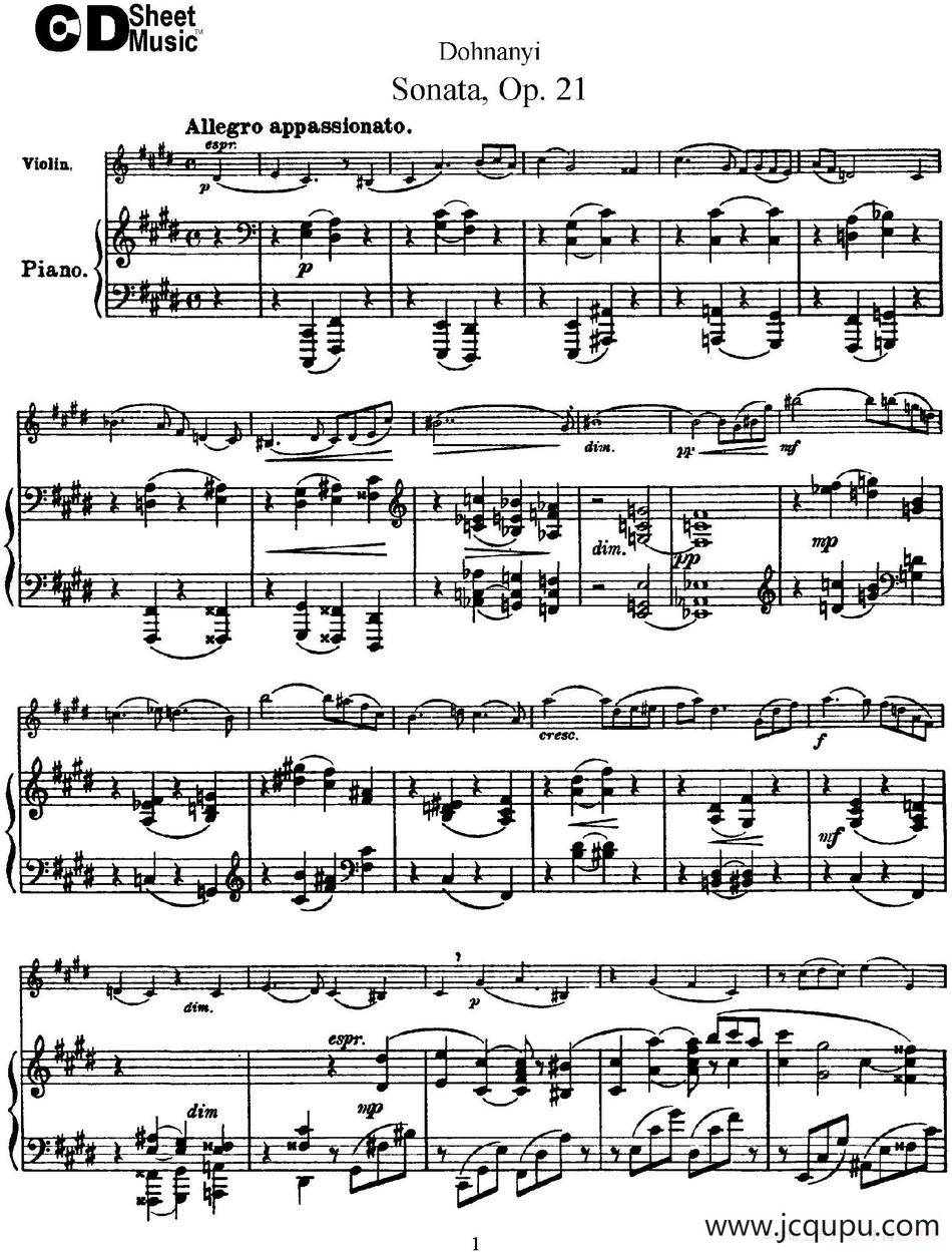 Dohnanyi Sonata Op.21（小提琴+钢琴伴奏）简谱