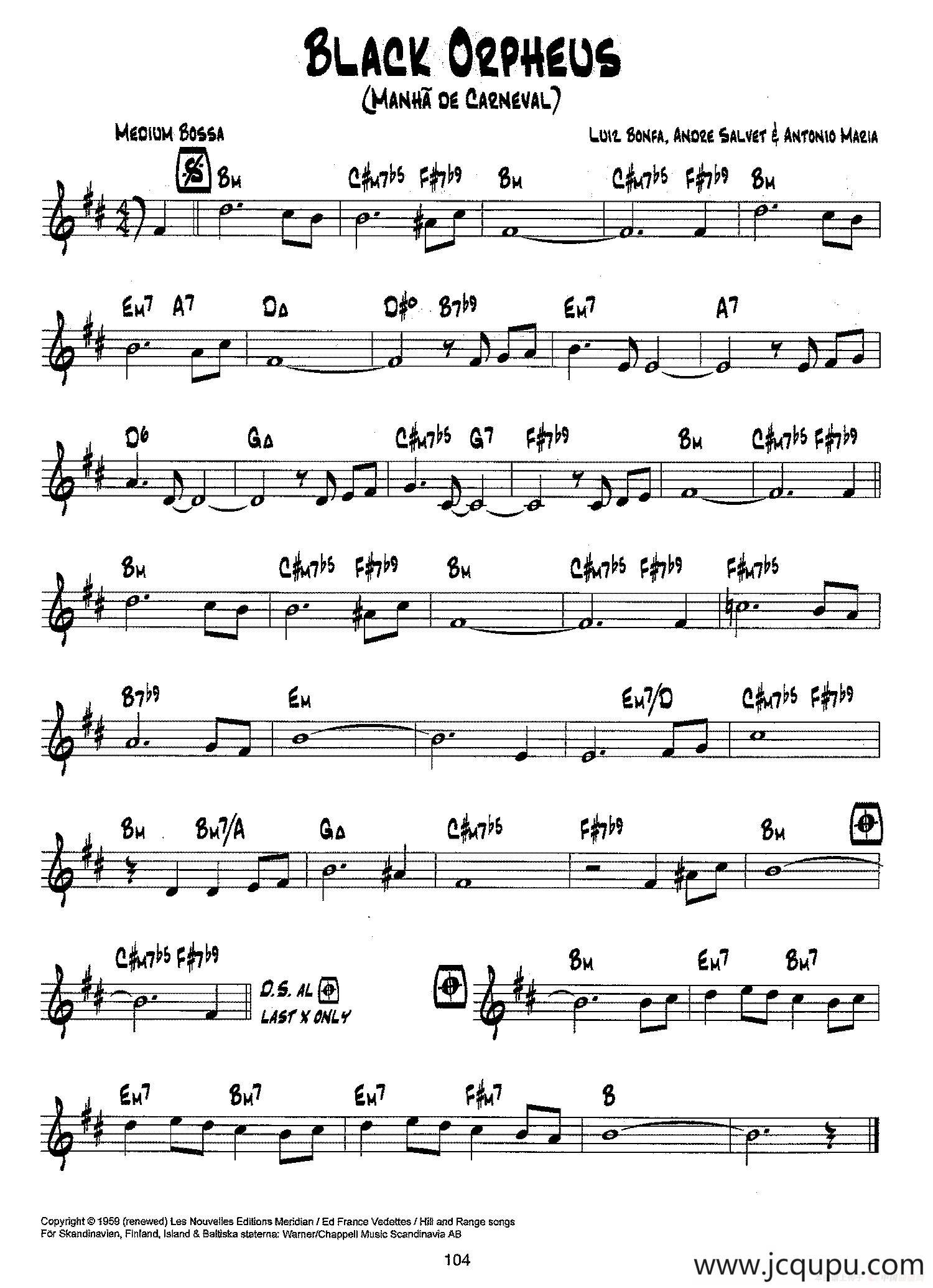 降B爵士乐谱：BLACK ORPHEUS简谱