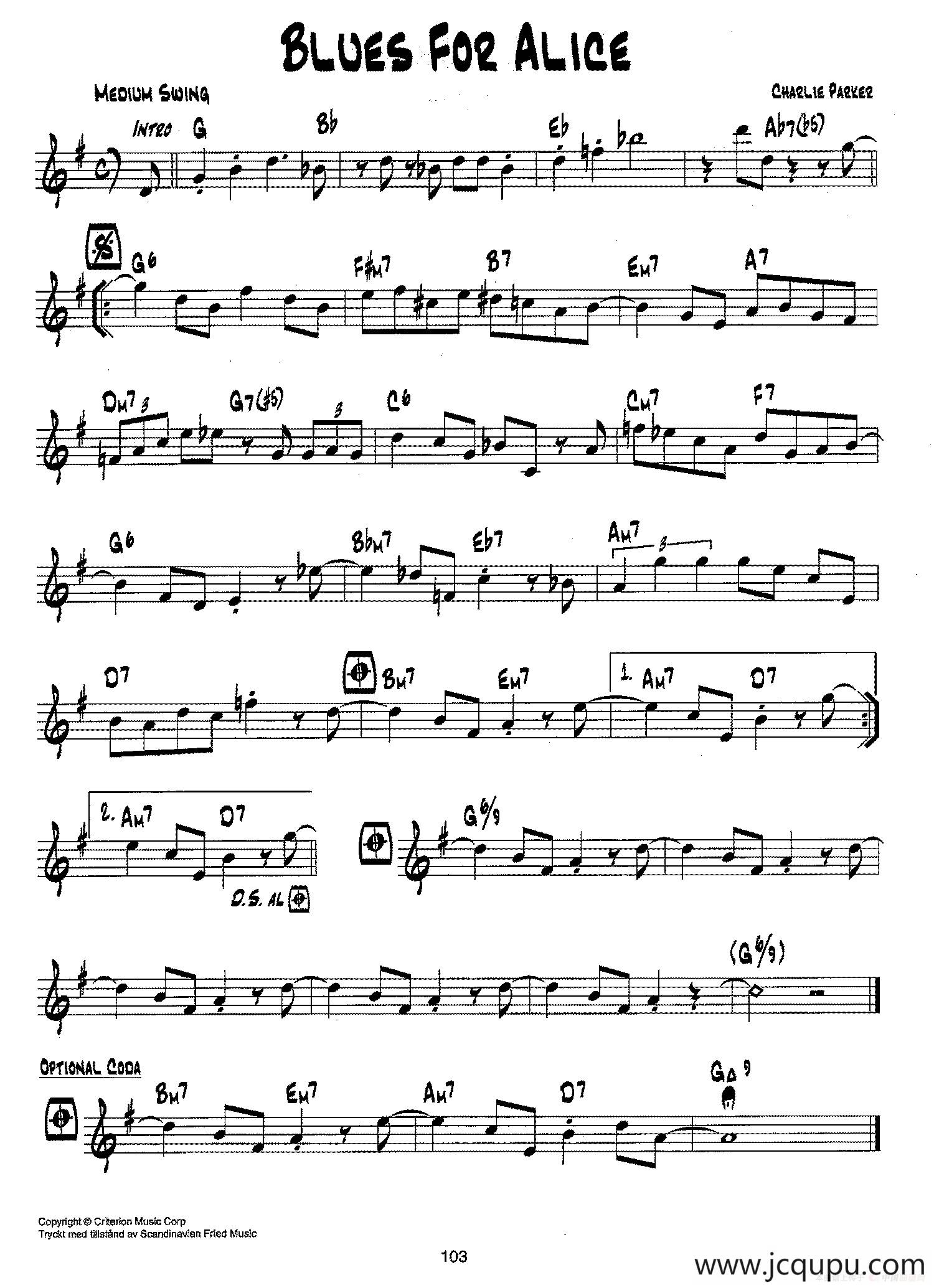 降b爵士乐谱:blues for alice简谱-曲谱 - 酷好简谱