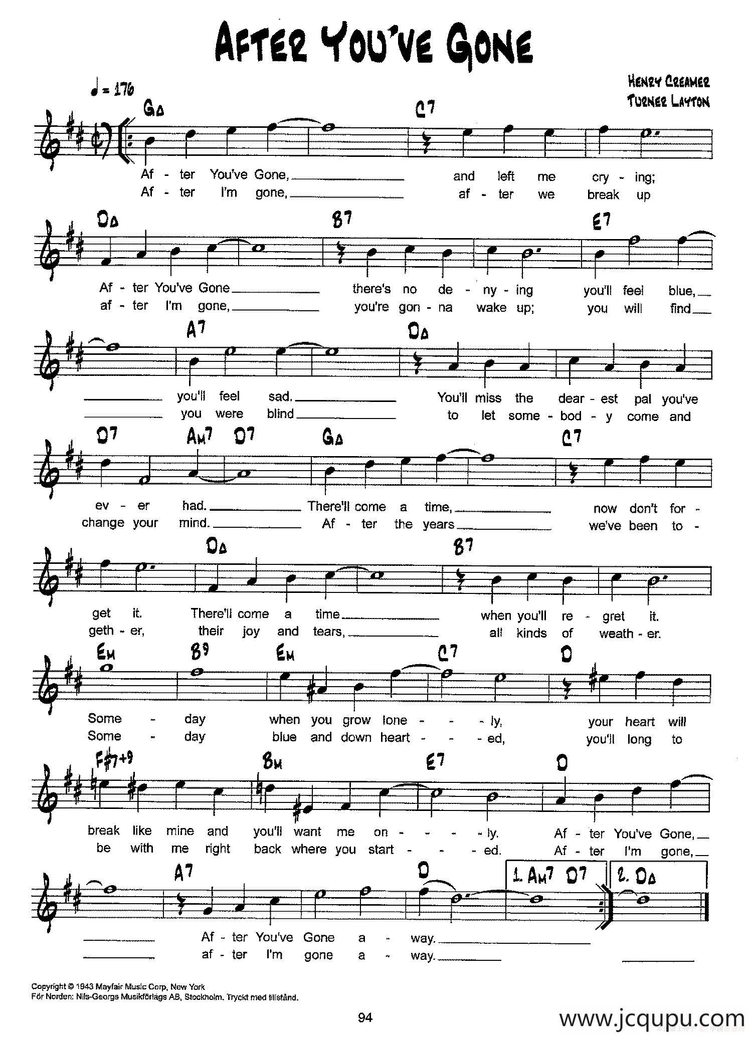 降B爵士乐谱：AETER YOU'VE GONE简谱