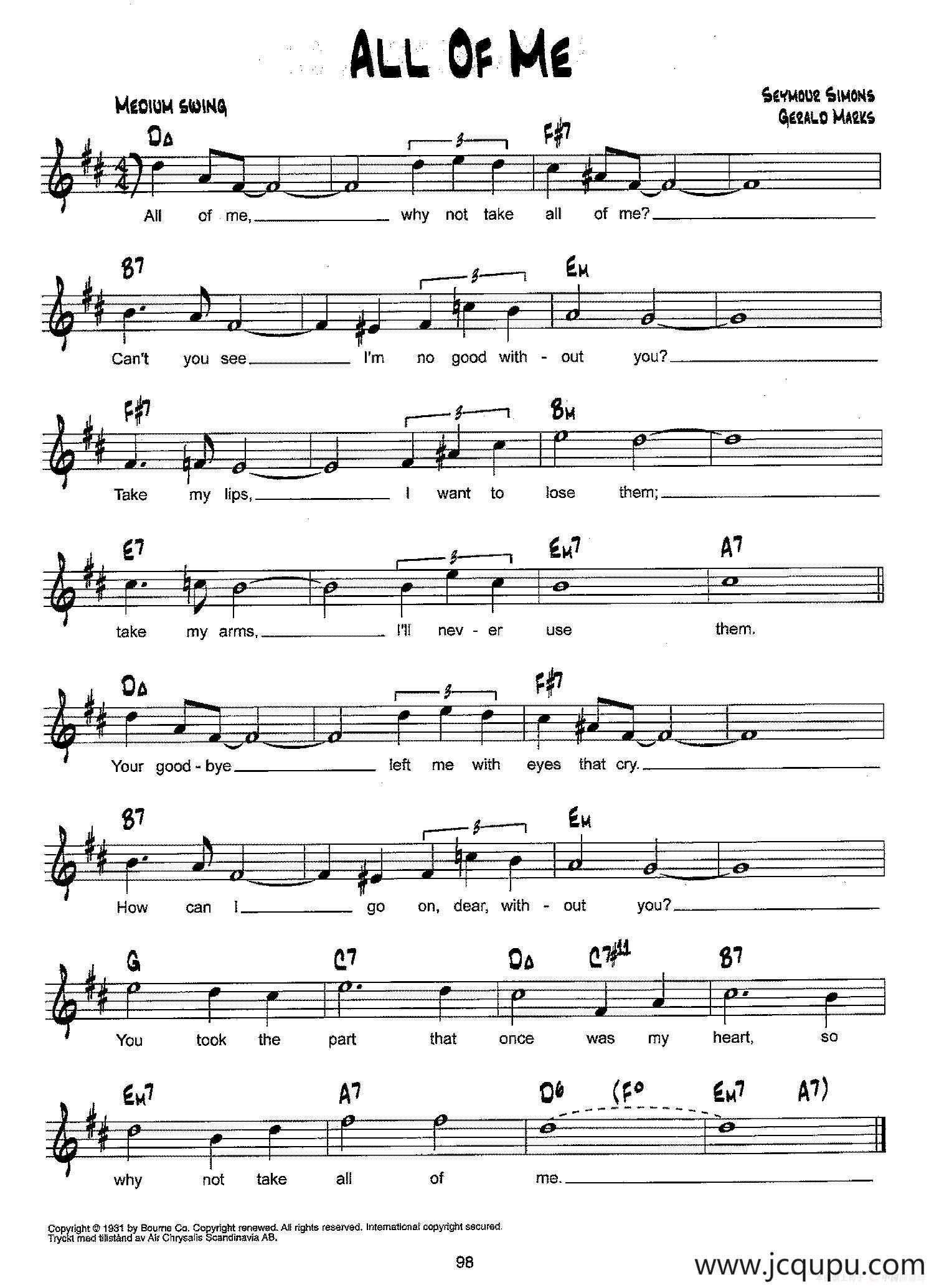 降B爵士乐谱：ALL OF ME简谱