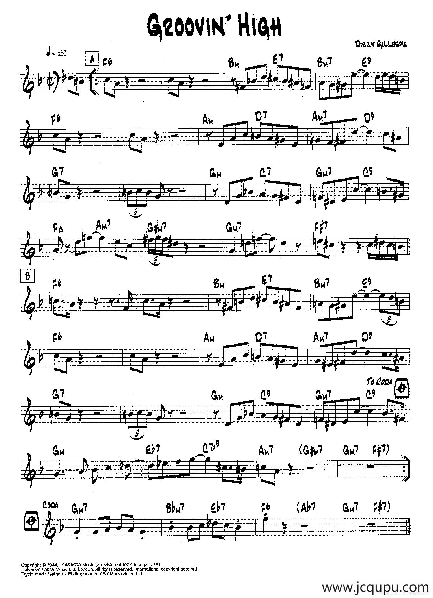 降B爵士乐谱：GROOVIN' HIGH简谱