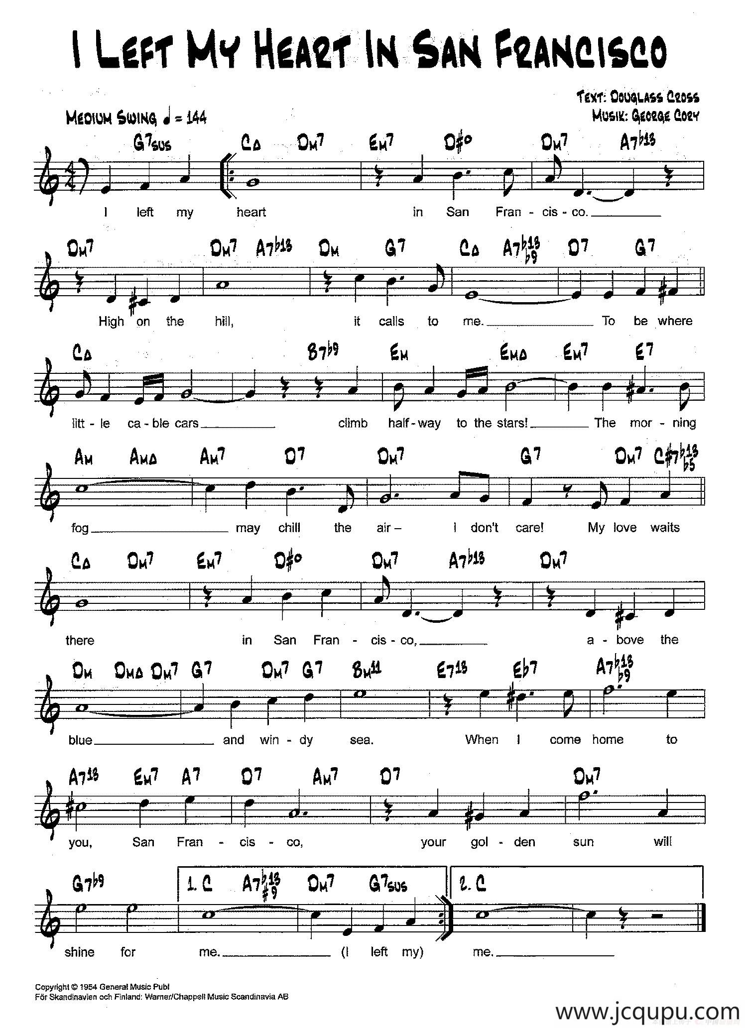 降B爵士乐谱：I LEFT HEART IN SAN FRANCISCO简谱