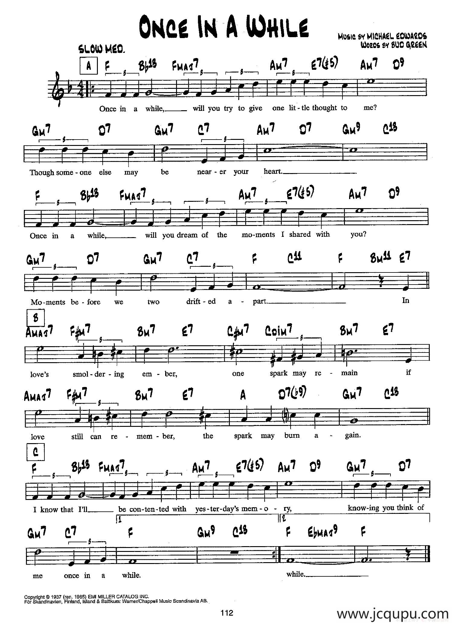 降B爵士乐谱：ONCE IN A WHILE简谱