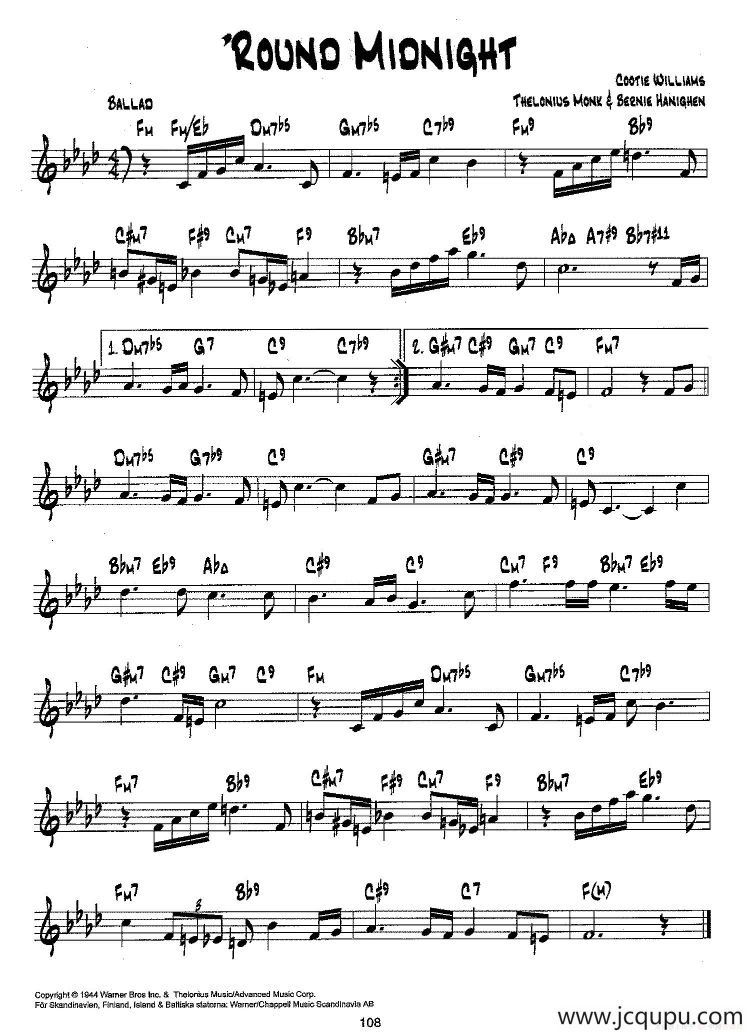 降B爵士乐谱：ROUND MIDNIGHT简谱
