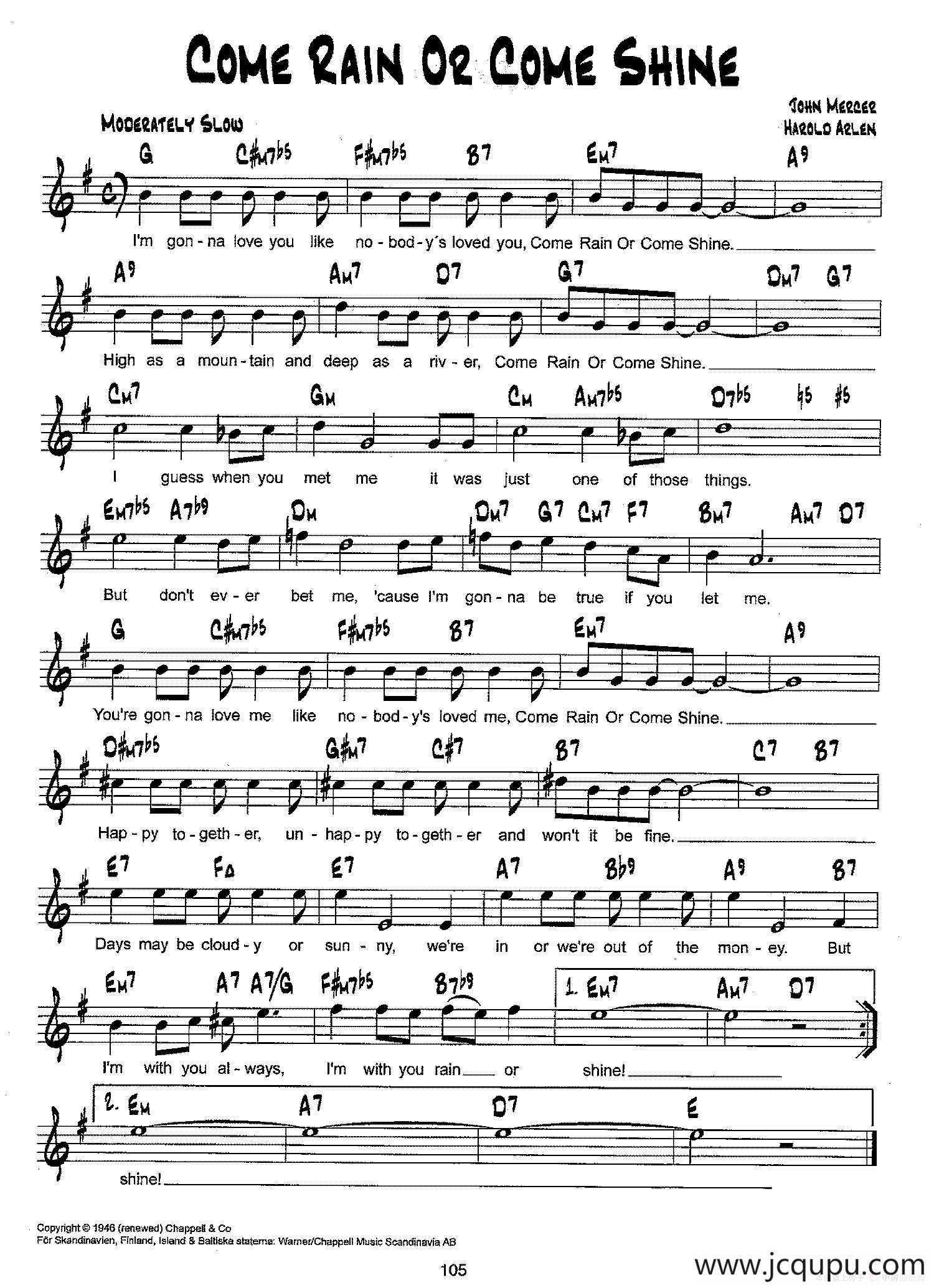 降B爵士乐谱：COME RAIN OR COME SHINE简谱