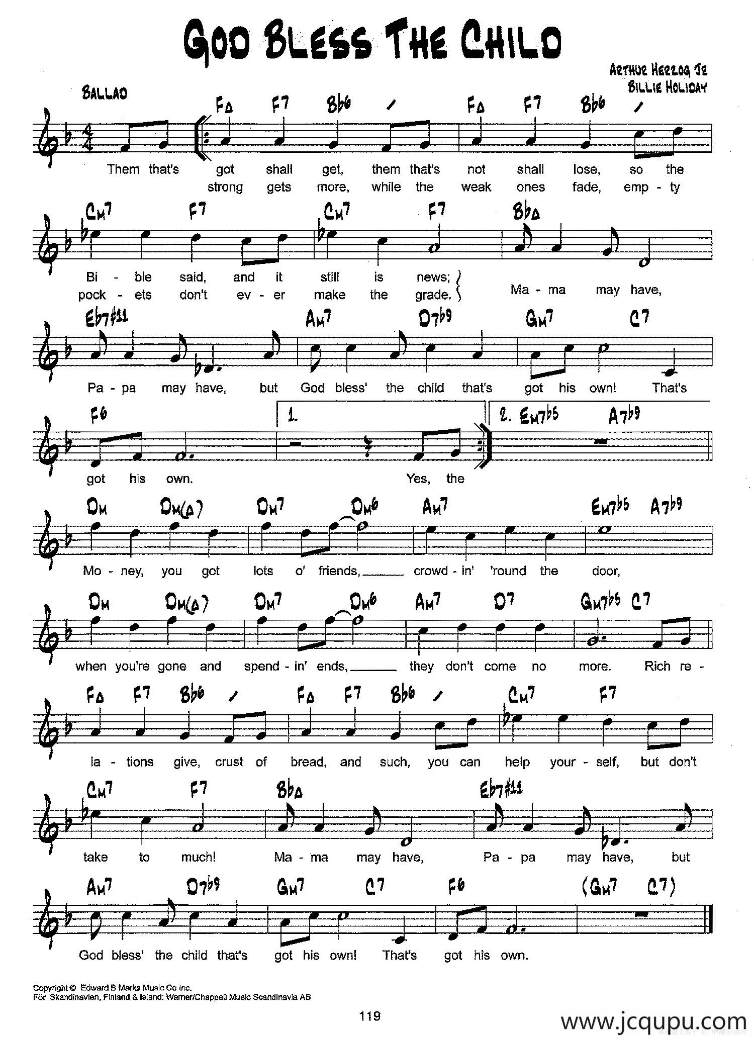 降B爵士乐谱：GOD BLESS THE CHILD简谱