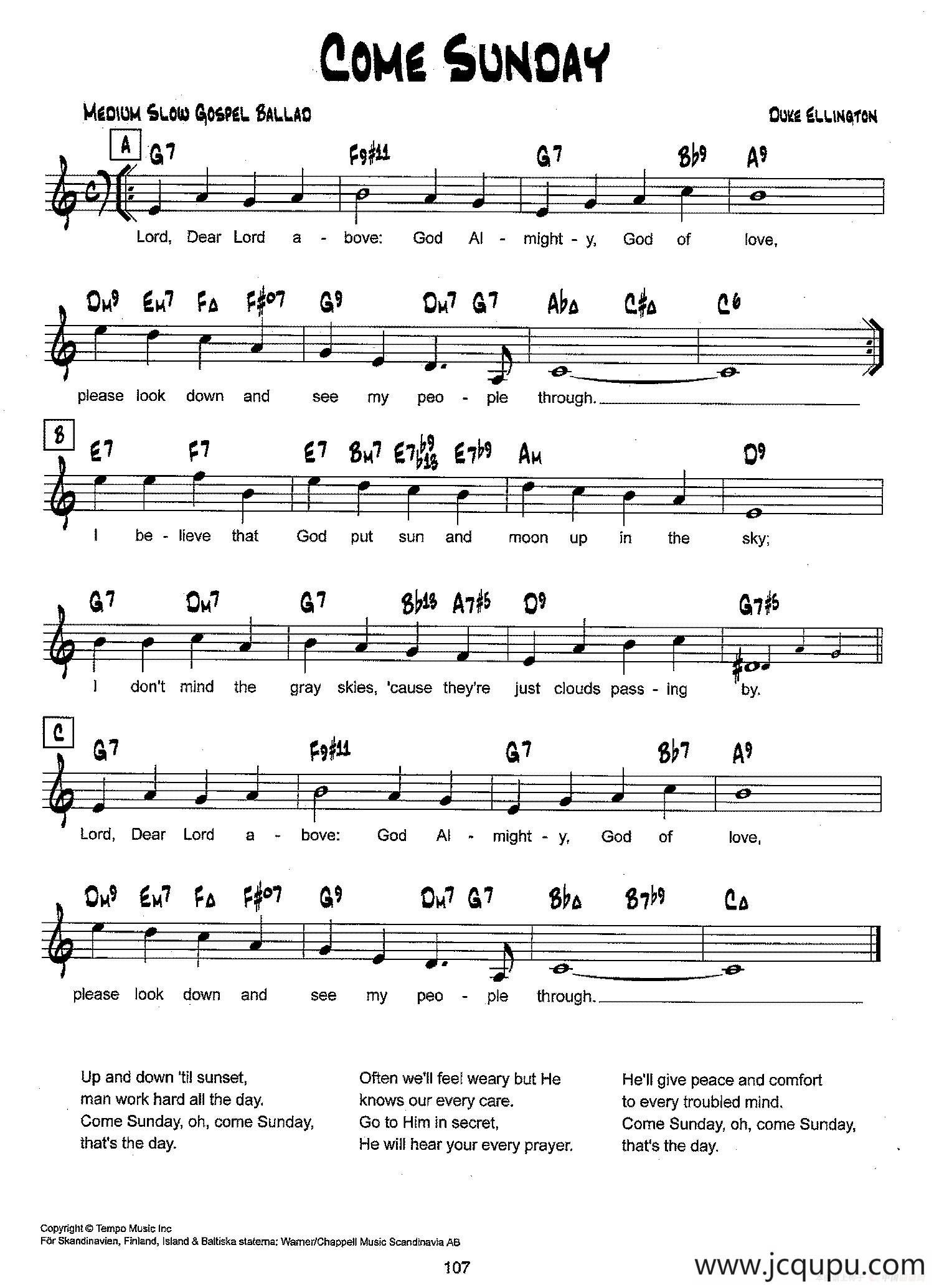 降B爵士乐谱：COME SUNDAY简谱