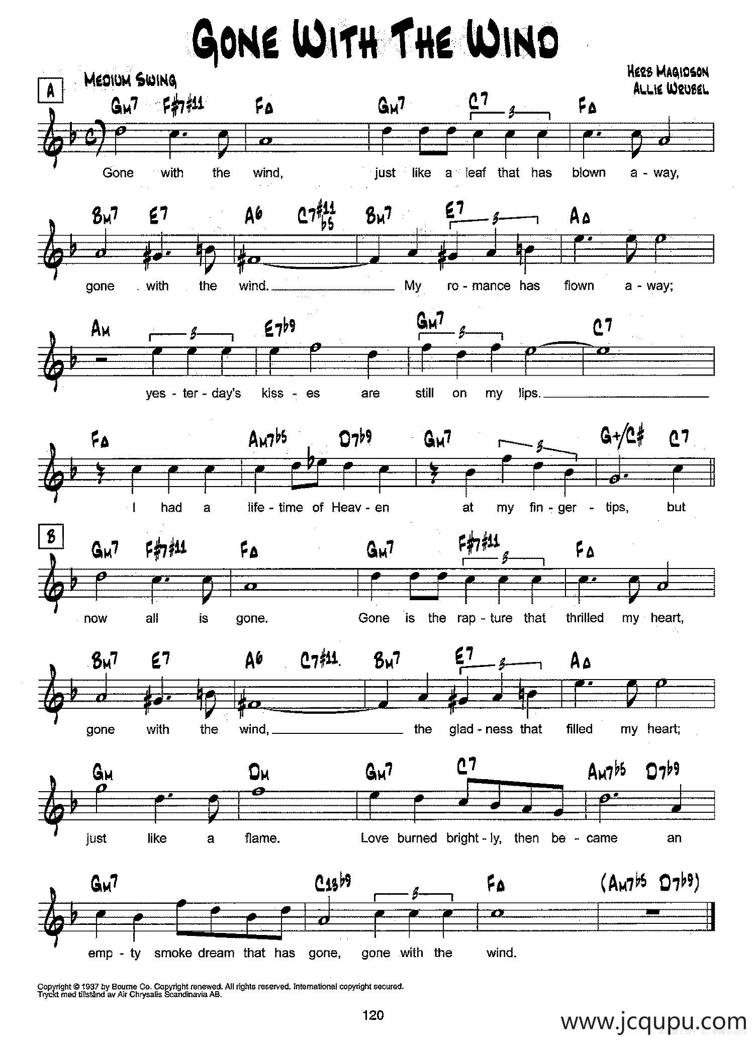 降B爵士乐谱：GONE WITH THE WIND简谱