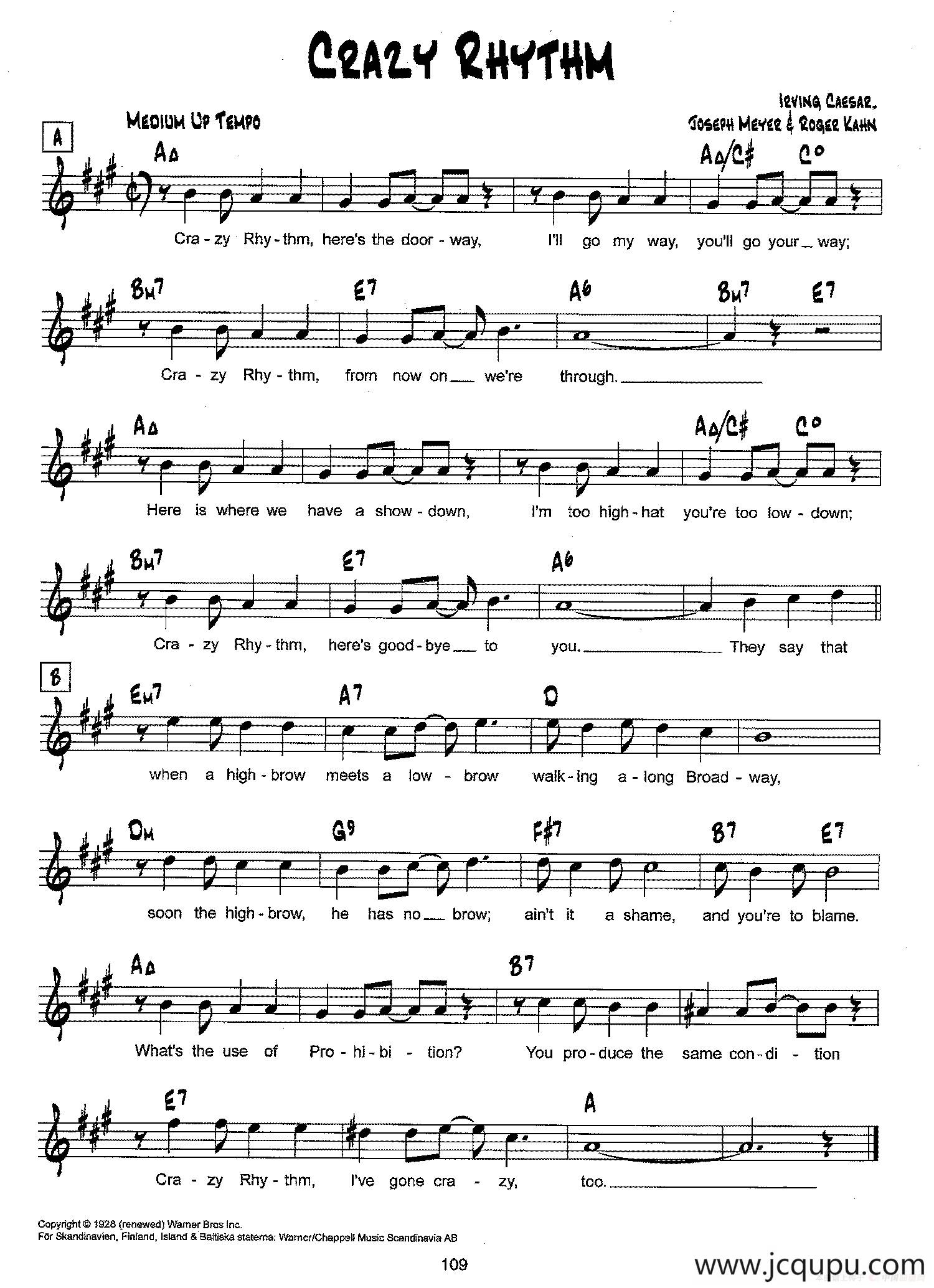 降B爵士乐谱：CRAZY RHYTHM简谱