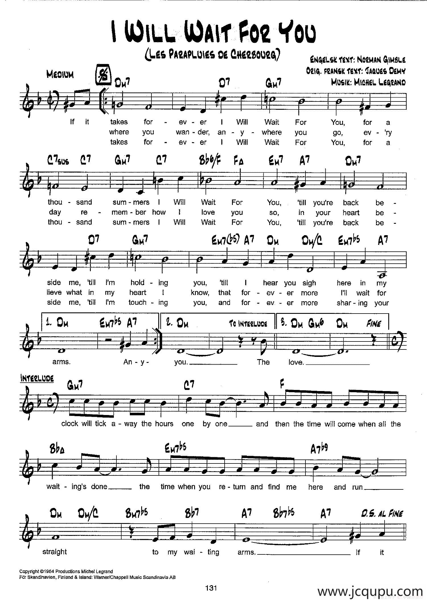 降B爵士乐谱：I WILL WAIT FOR YOU简谱