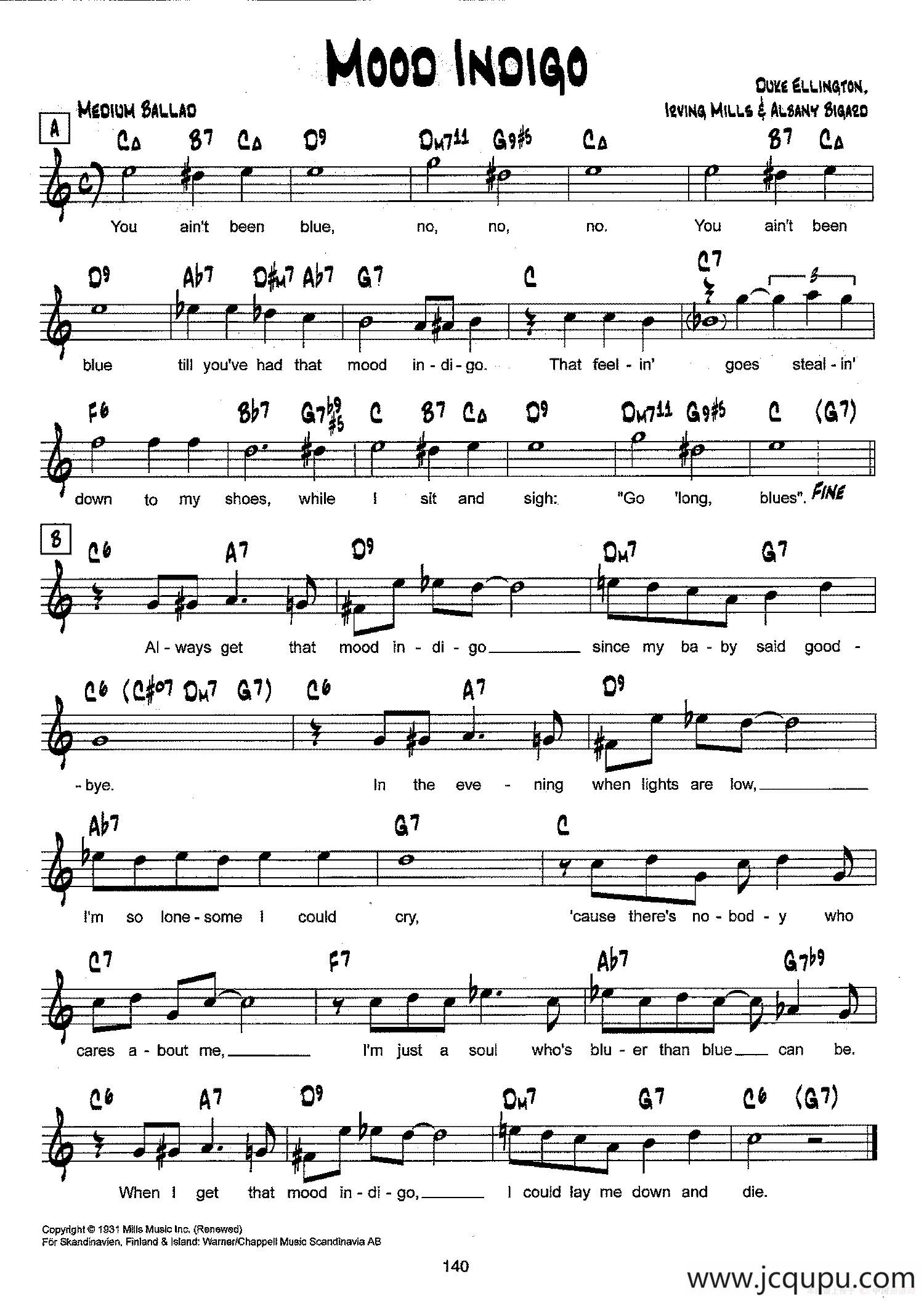 降B爵士乐谱：MOOD INDIGO简谱