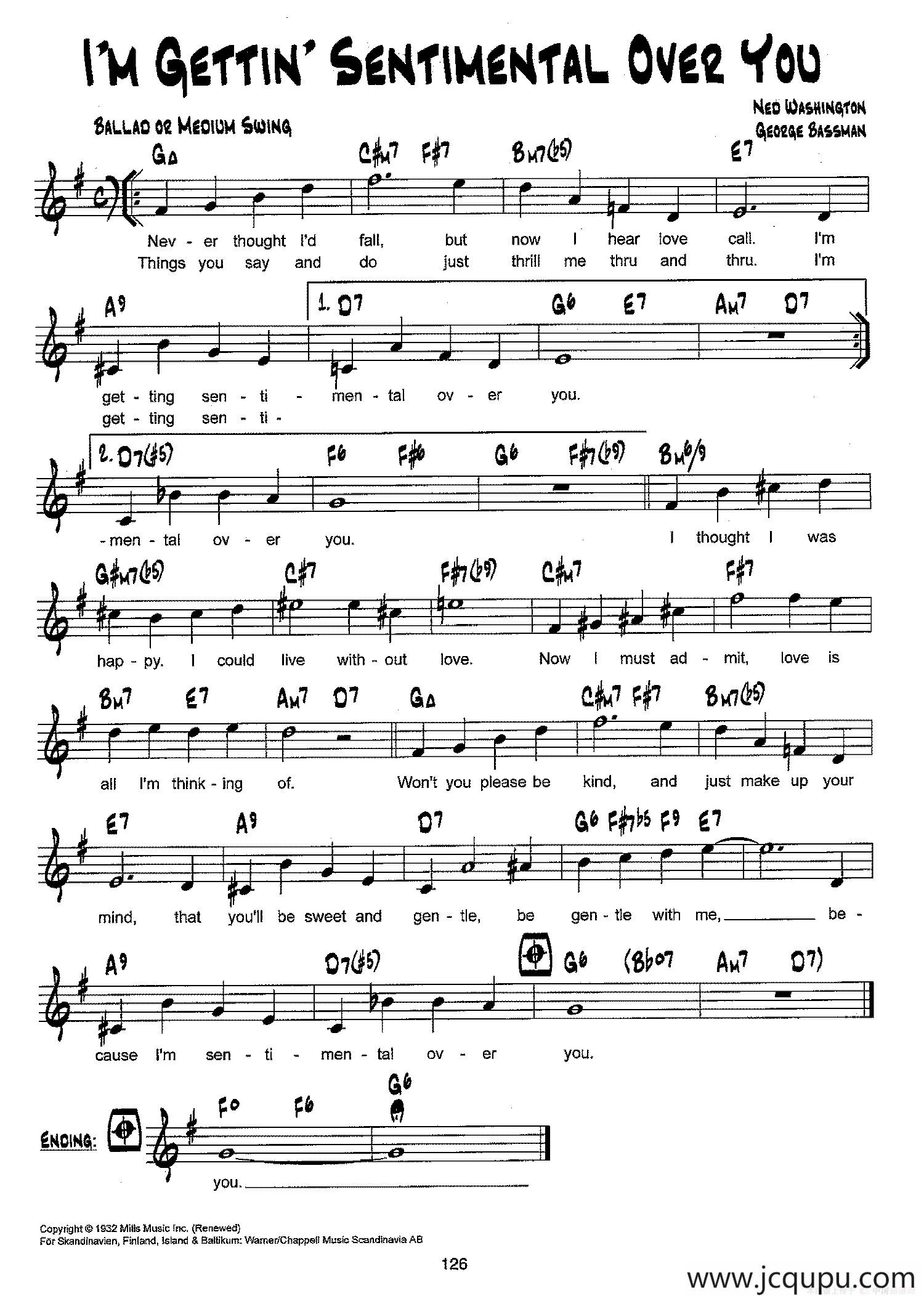降B爵士乐谱：I'M GETTIN' SENTIMENTAL OVER YOU简谱