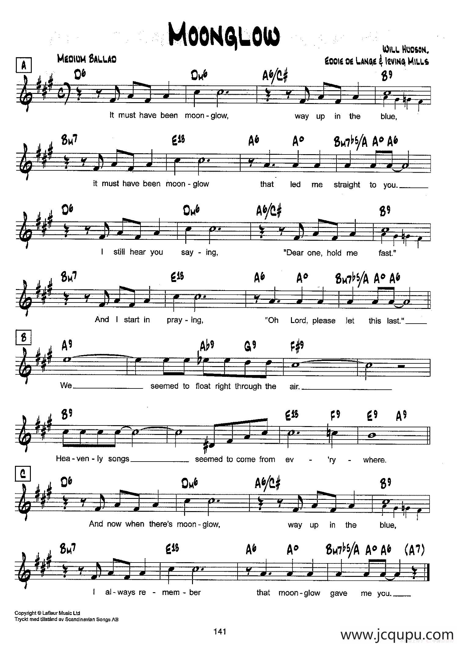 降B爵士乐谱：MOONGLOW简谱