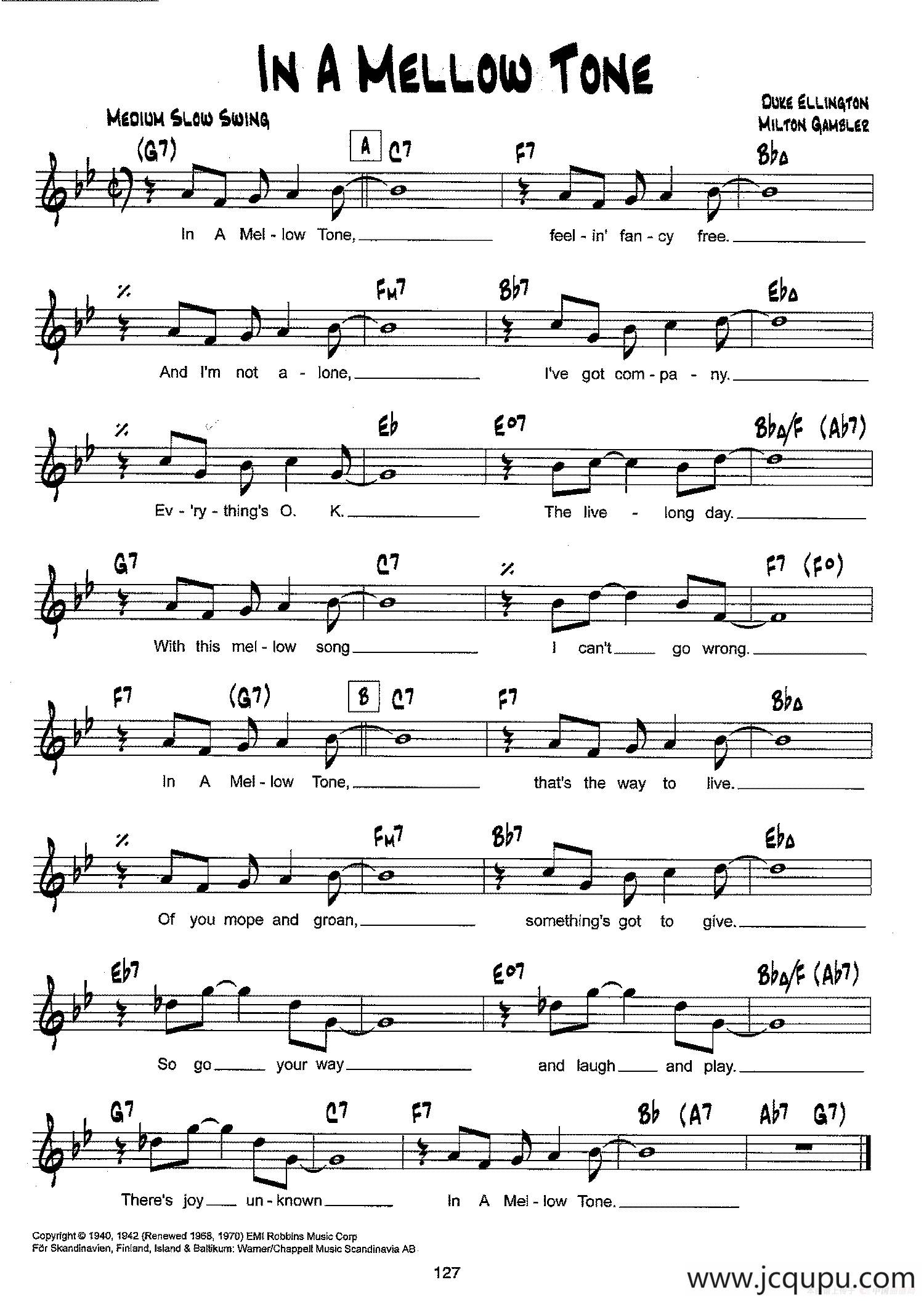 降B爵士乐谱：IN A MELLOW TONE简谱