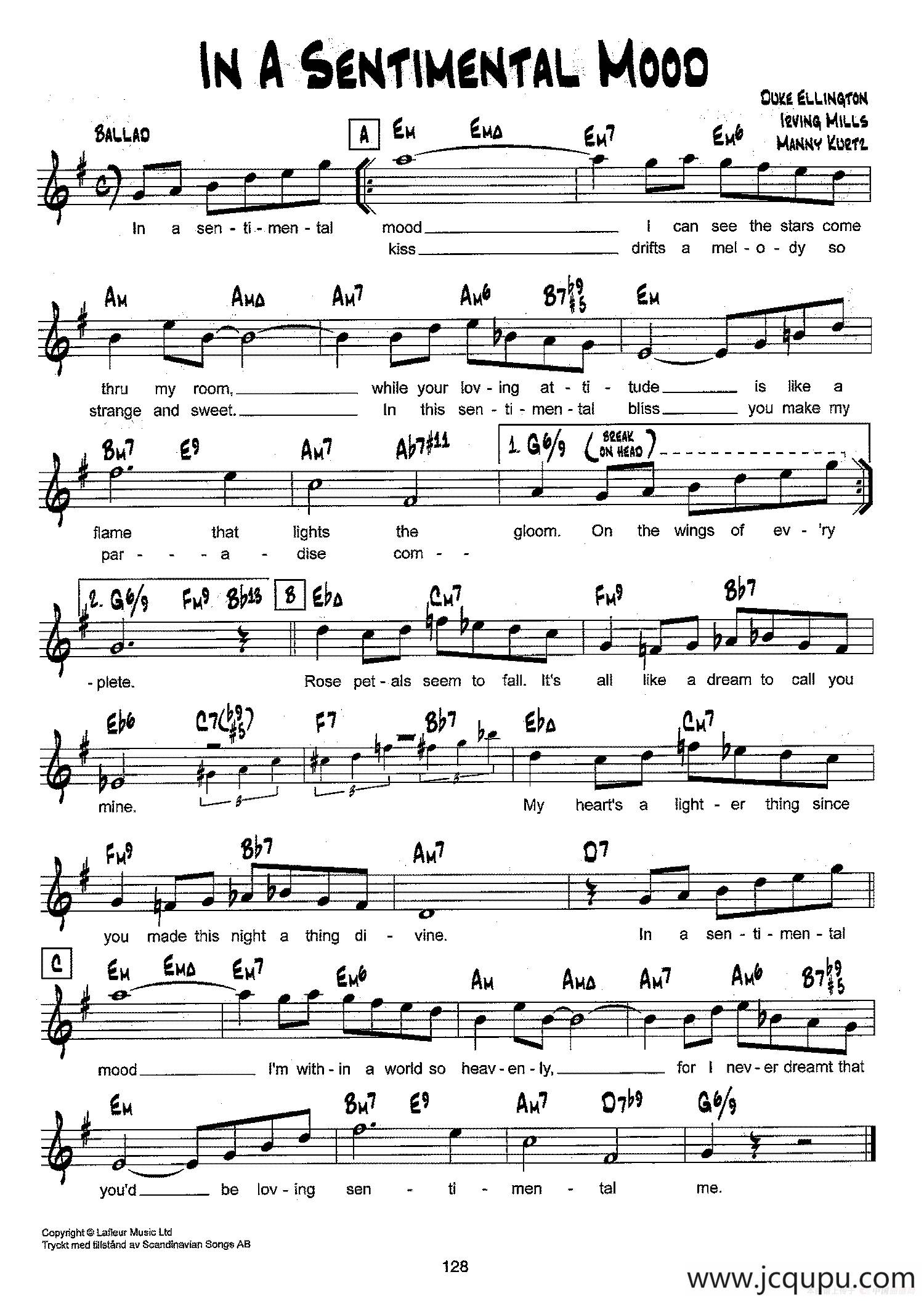 降B爵士乐谱：IN A SENTIMENTAL MOOD简谱