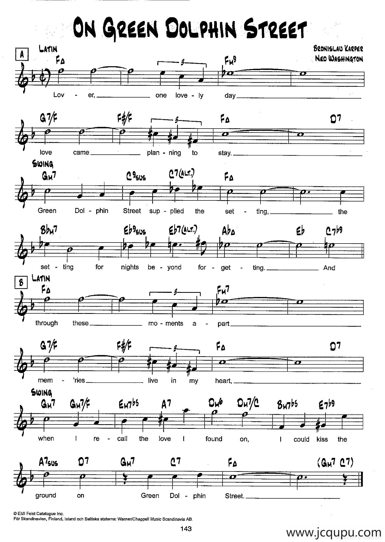 降B爵士乐谱：ON GREEN DOLPHIN STREET简谱