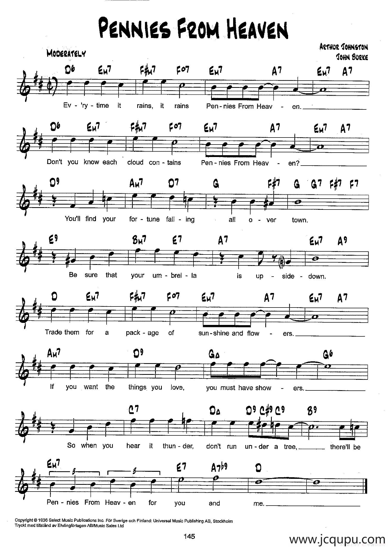 降B爵士乐谱：PENNIES FROM HEAVEN简谱