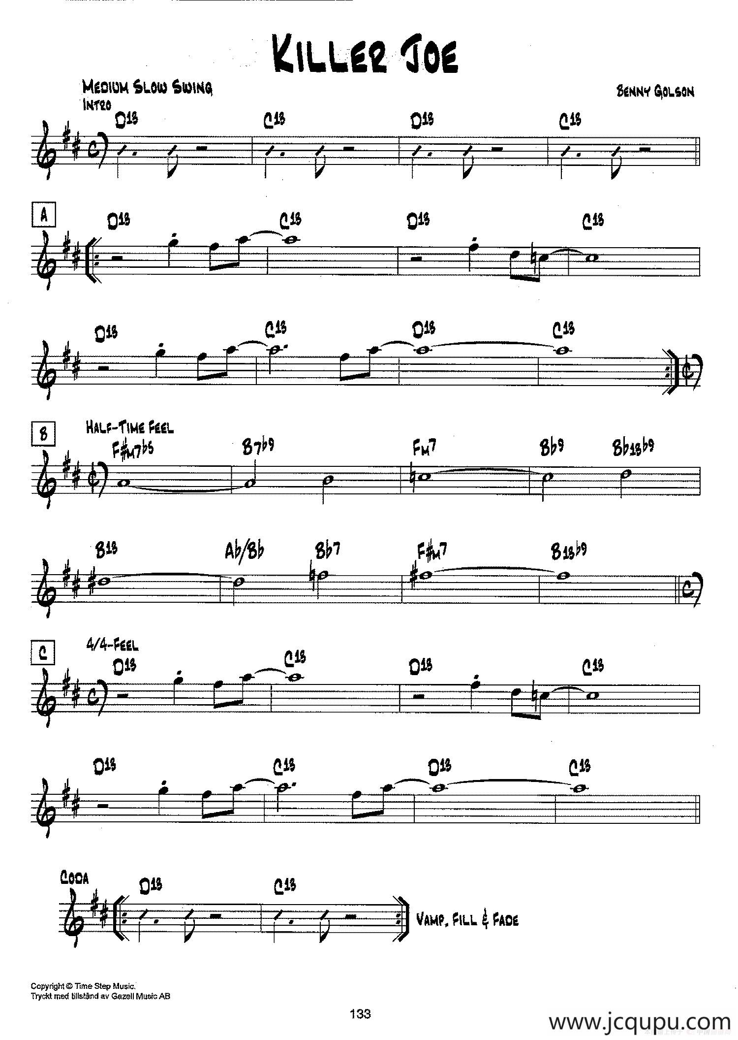降B爵士乐谱：KILLER JOE简谱