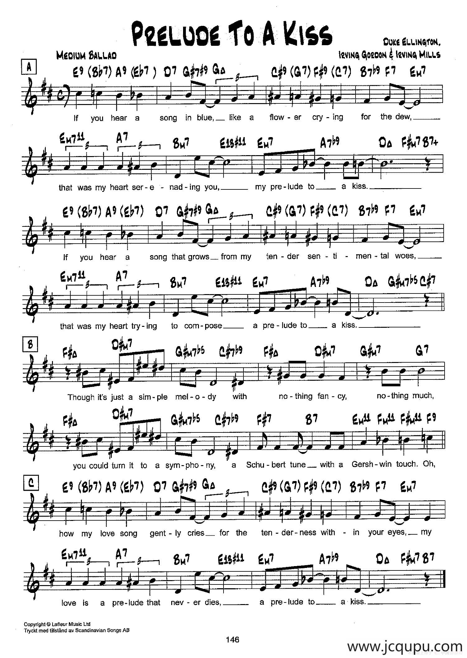 降B爵士乐谱：PRELUDE TO A KISS简谱